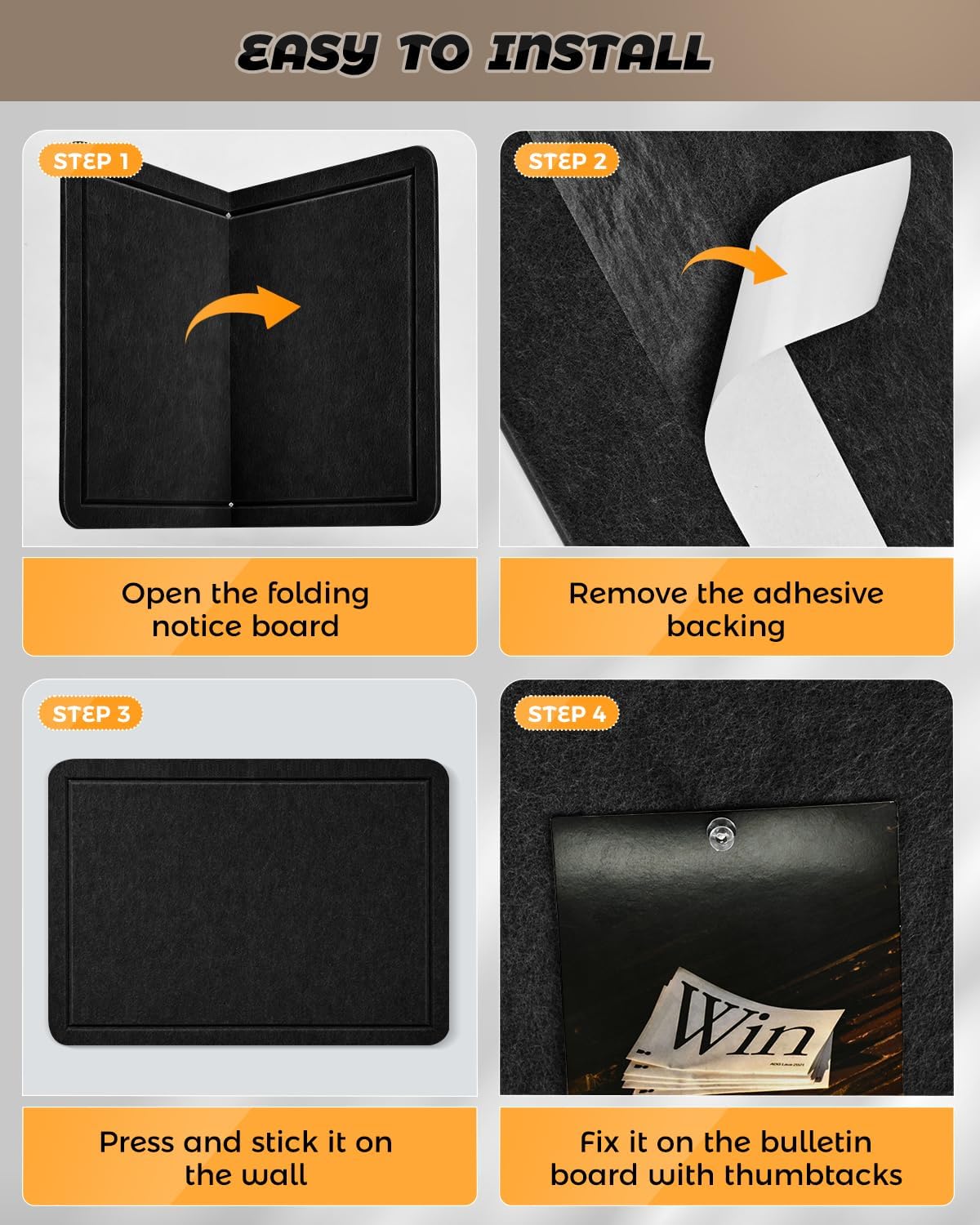 Bulletin Board, 24 x 17 inches Decorative Felt Pin Board for Wall, Foldable Felt Notice Photo Display Board with Self-Adhesive Tape for Office Home School, with 20 Pushpin(Black) BST202