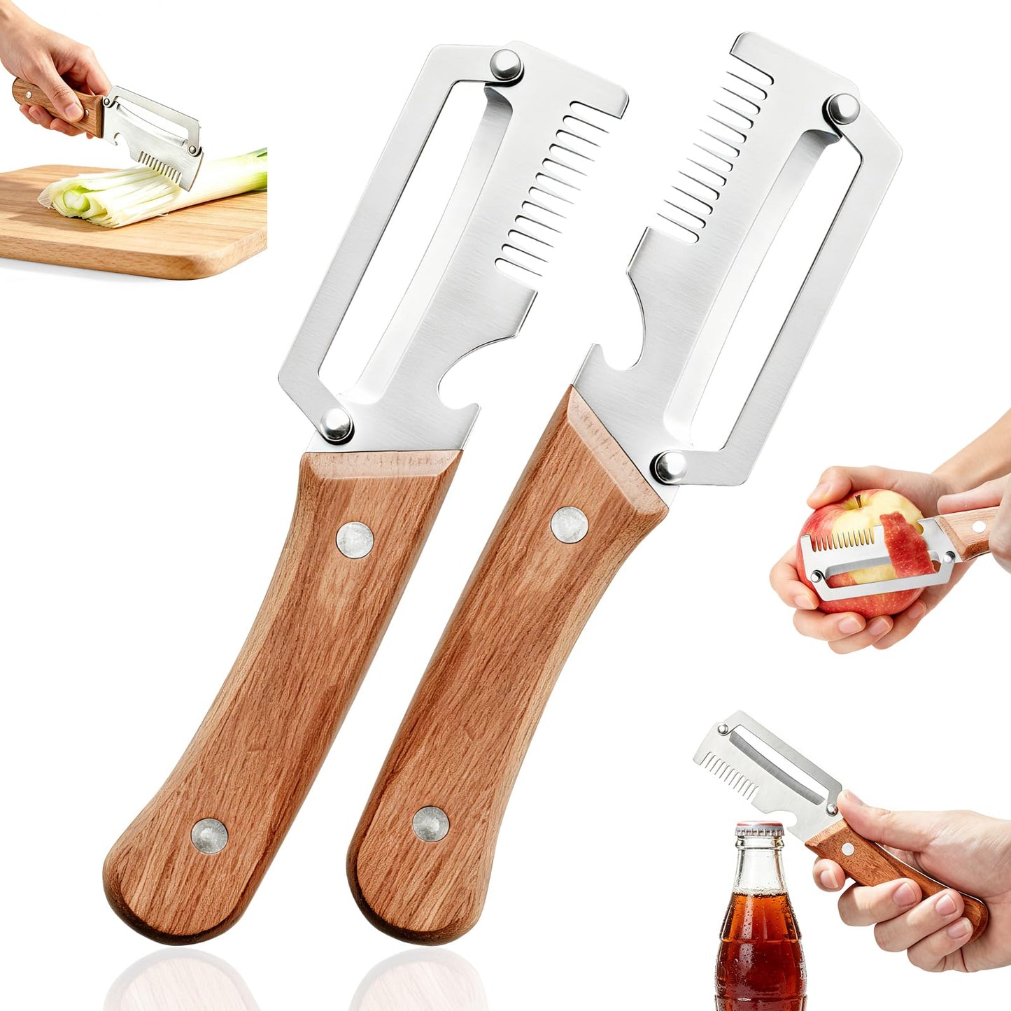 Left & Right Hand Vegetable Peeler Set with Bottle Opener, Thickened Stainless Steel Wide Blade for Smooth Peeling, Wooden Handle Kitchen Peeler for Fruits & Vegetables BST326L