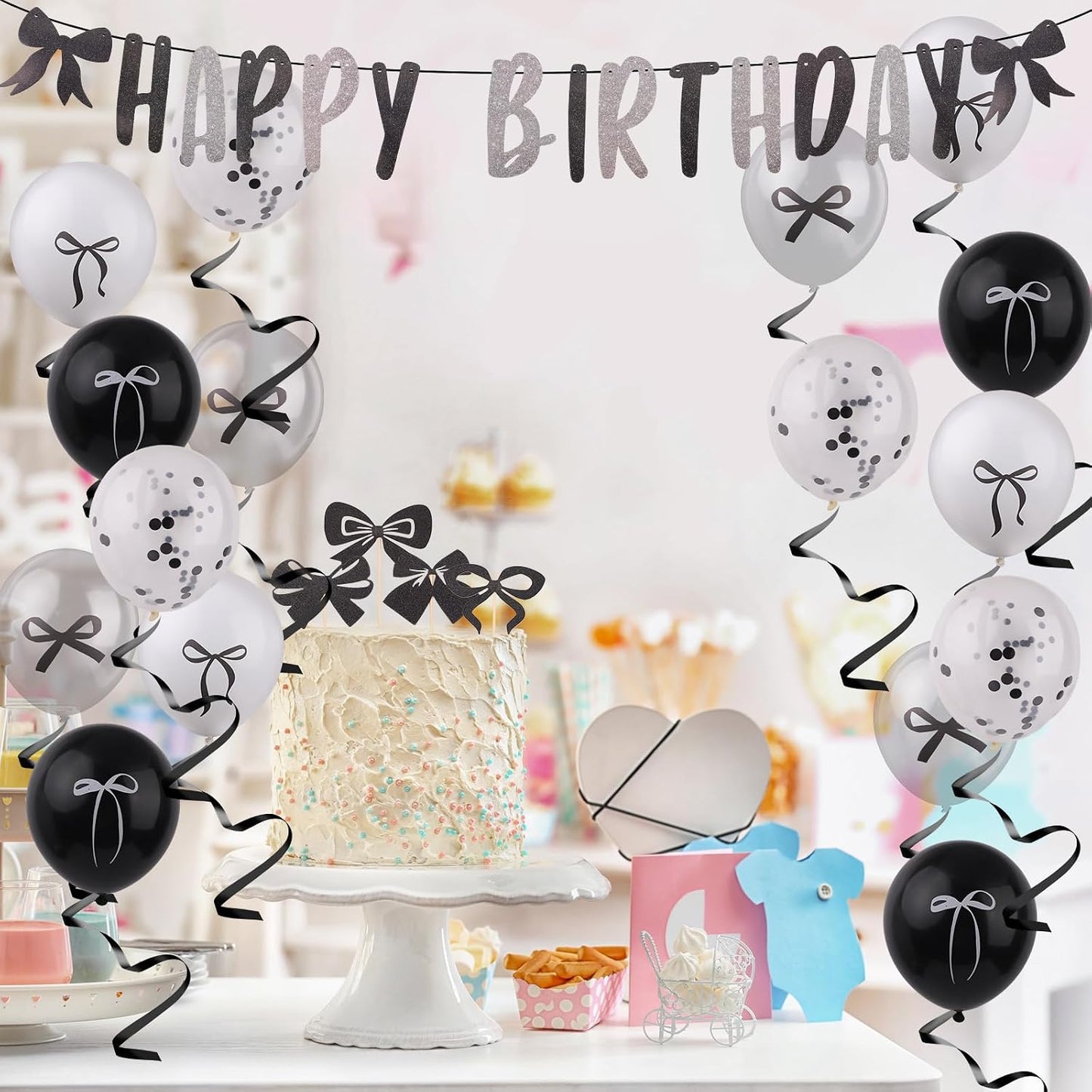 Black Bow Birthday Party Decorations, Bow Coquette Party Decor with Happy Birthday Banner Garland Black White Balloons Hanging Swirls Cupcake Toppers for Girls Women Bow Theme Decor BST220