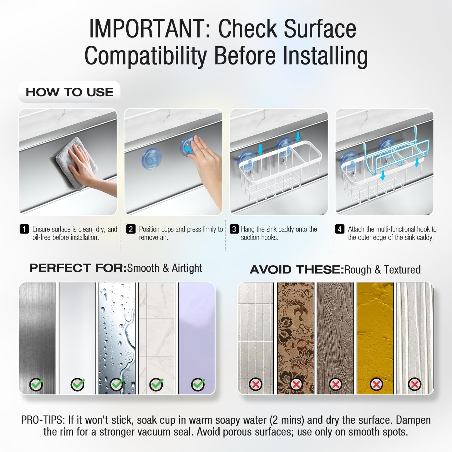 3-in-1 Kitchen Sink Caddy Organizer with Sponge Holder, Brush Holder, Extra Rack for Scrubber, Sink Stopper, Dish Cloth Hanger - Strong Dual Suction Cup, 2.0mm SUS304 Stainless Steel - Grey WN420