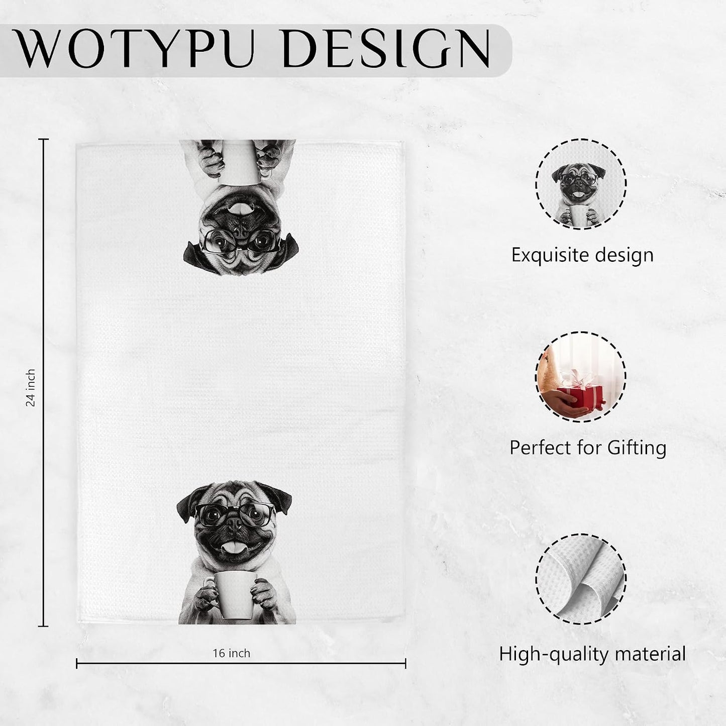 Funny Pug Kitchen Bar Towels, Gifts for Pug Lovers Dish Tea Towel, Wine Coffee Lover Gifts Decorative Hand Towels for Kitchen Bar Cart Decor, 16x24 Inch Set of 2 BST326L