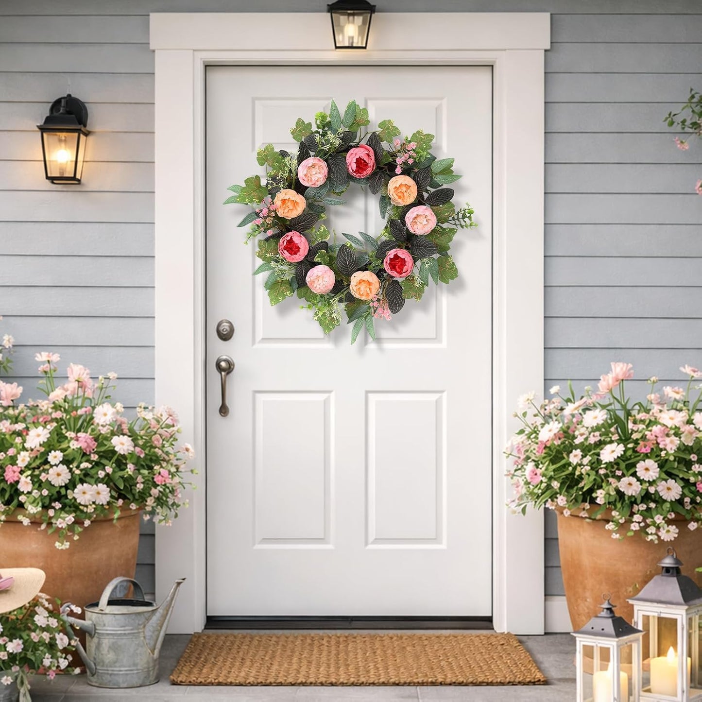 20" Peony Wreath for Front Door – Spring Summer Artificial Pink Peony Floral Wreath for Wall, Window, and Wedding Decor WN420