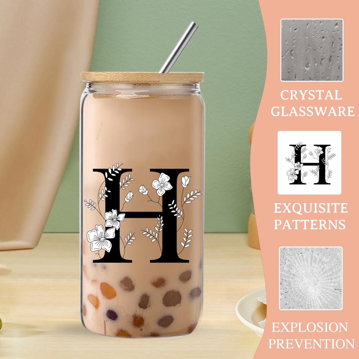 Monogrammed Initial Glass Cup with Lids and Straws gift for Women | Personalized Gift Set with Doll, 16 Oz Ice Coffee Cup ,reusable glass tumbler,Birthday Christmas Gift for Her,U WN420