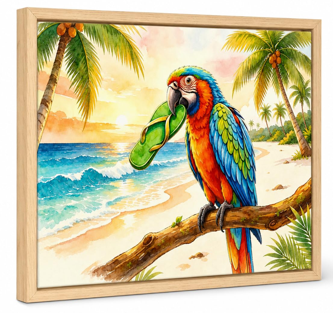 Framed Funny Parrot Bathroom Wall Art Cute Cockatiel Whimsical Canvas Print | Cute Bird Painting Natural Wood Frame Whimsical Animal Picture Playful Wall Decor for Bathroom Kids Room Nursery12x16Inche BST326H