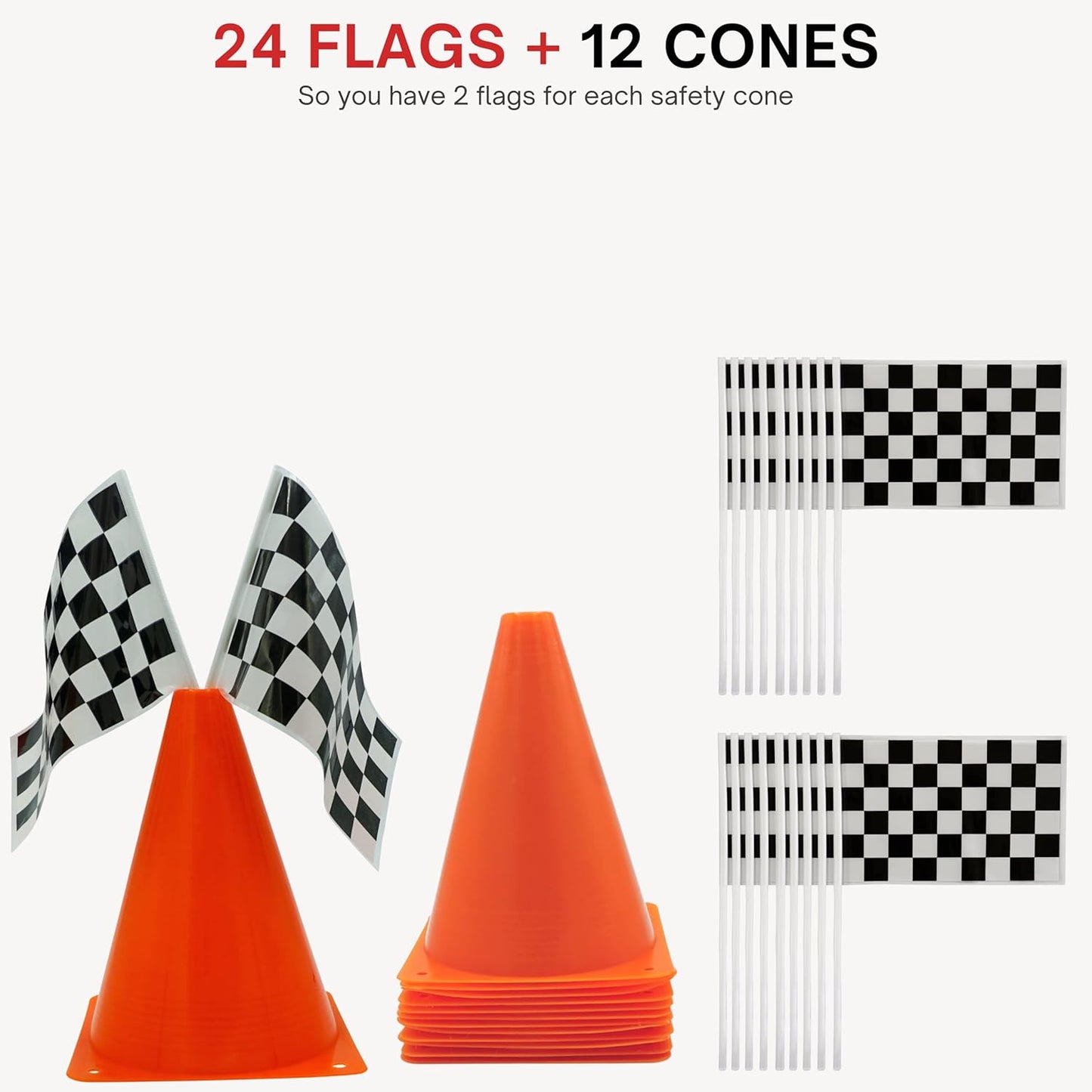 4E's Novelty 38 Pieces Set - 12 Traffic Cones With Hole on Top, 24 Checkered Flags, Racetrack Floor Runner - for For Race Car Birthday Party Supplies, Table Centerpiece Decorations Kids Gift