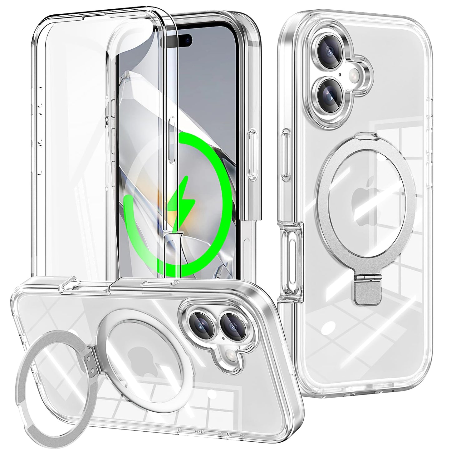 for iPhone 13 Pro Full Body Shockproof Case with Magnetic Invisible Stand [Compatible with MagSafe] Built-in Screen Protector Military Drop ProtectionTranslucent Phone Cover -Hot Pink WN420