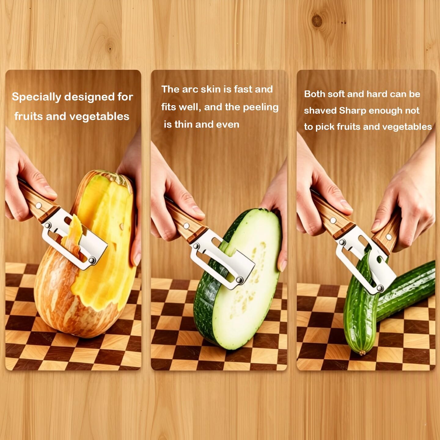 2 in 1 Multi Functional Vegetable Peeler with Bottle Opener,Wooden Handle Stainless Steel Fruit Peelers For Kitchen,Suitable For Sugar Cane Potato Fruit Pineapple Pumpkin, Effortless Peeling BST202