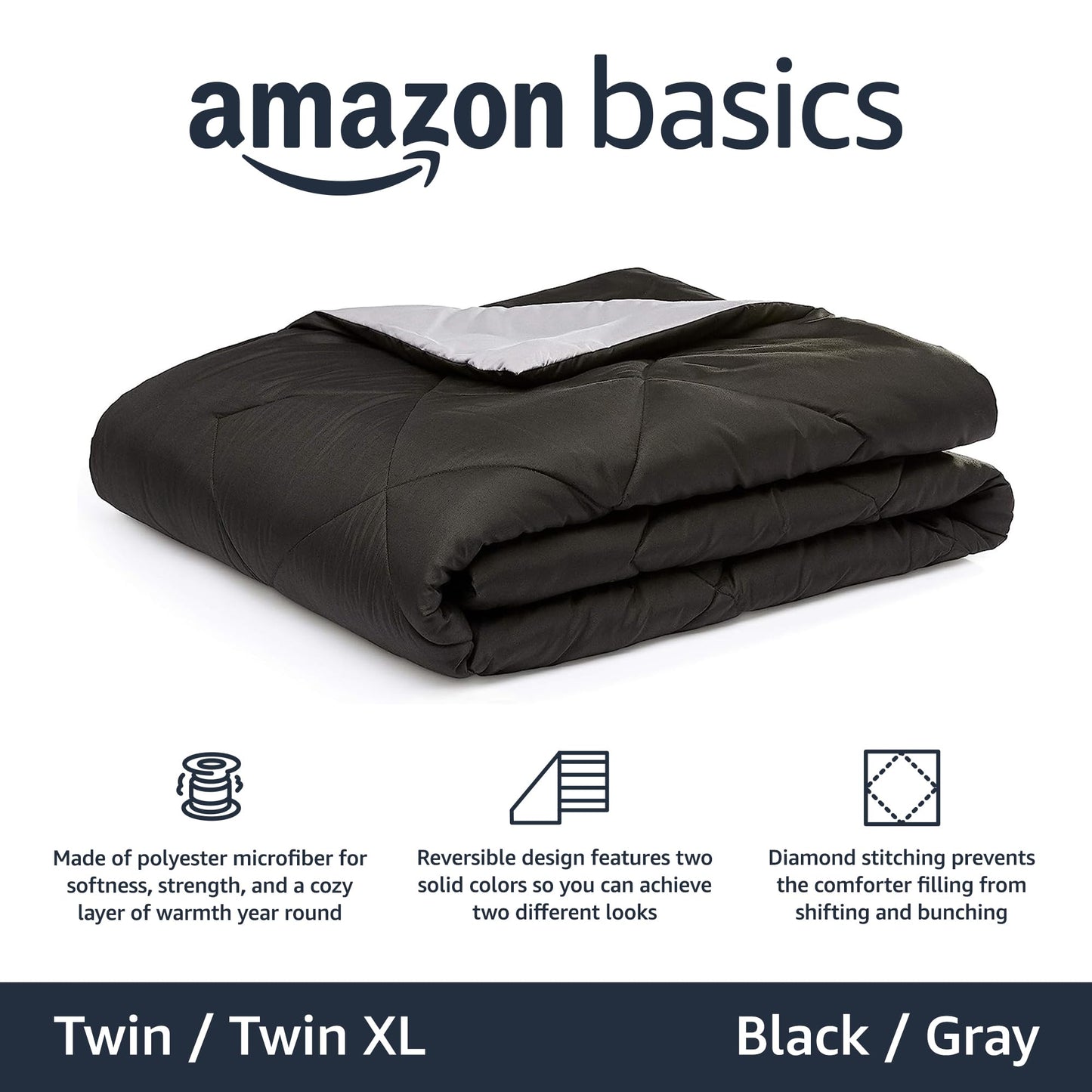 Amazon Basics Comforter Blanket, Reversible, Lightweight Microfiber, Machine Washable, All Season, Full/Queen, Black/Grey