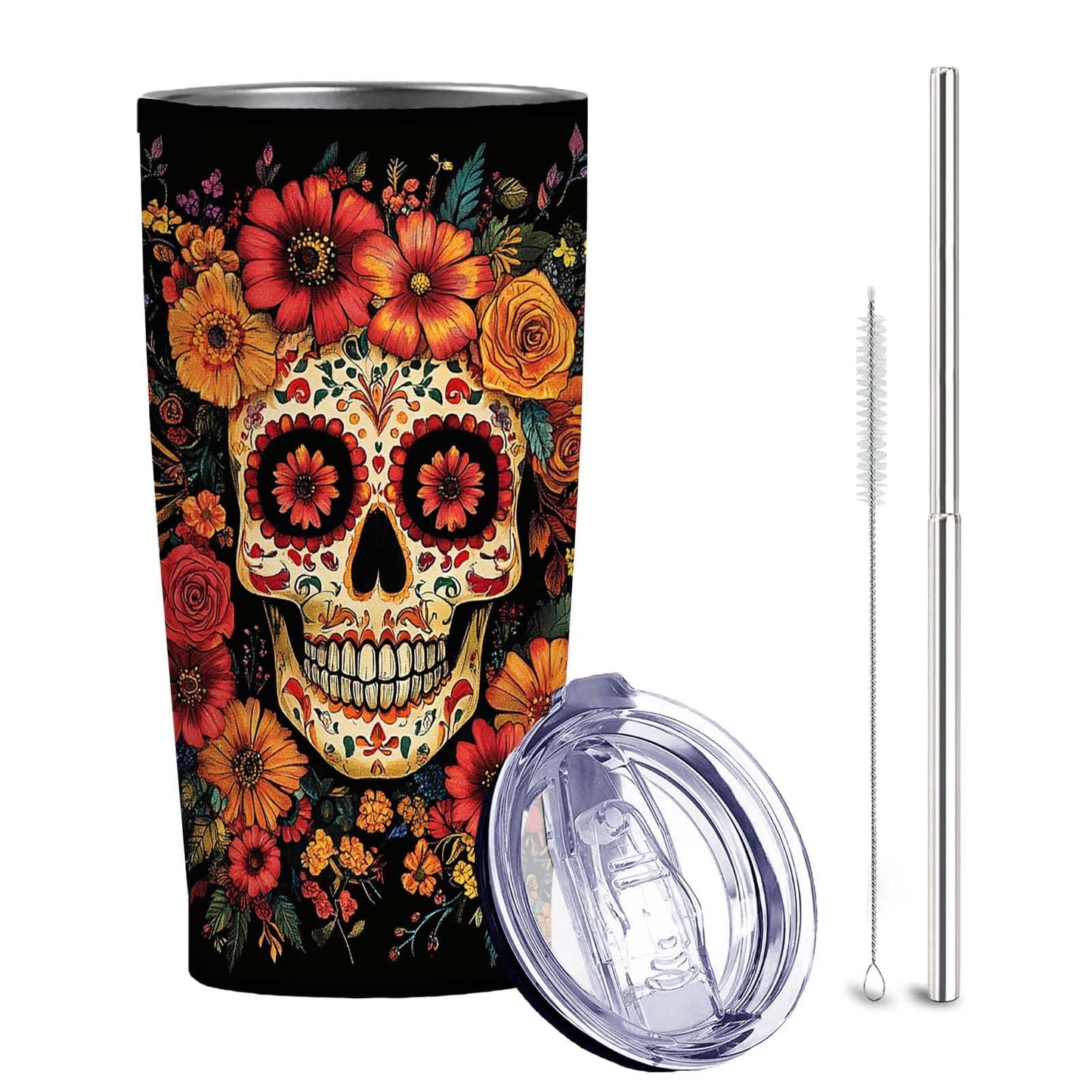 Gothic Skull 20 oz Insulated Stainless Steel Tumbler | Spooky Skeleton Travel Mug with Leak Proof Lid and Telescope Straw | Hot & Cold Coffee Cup | Halloween Gifts for Men and Women WN420