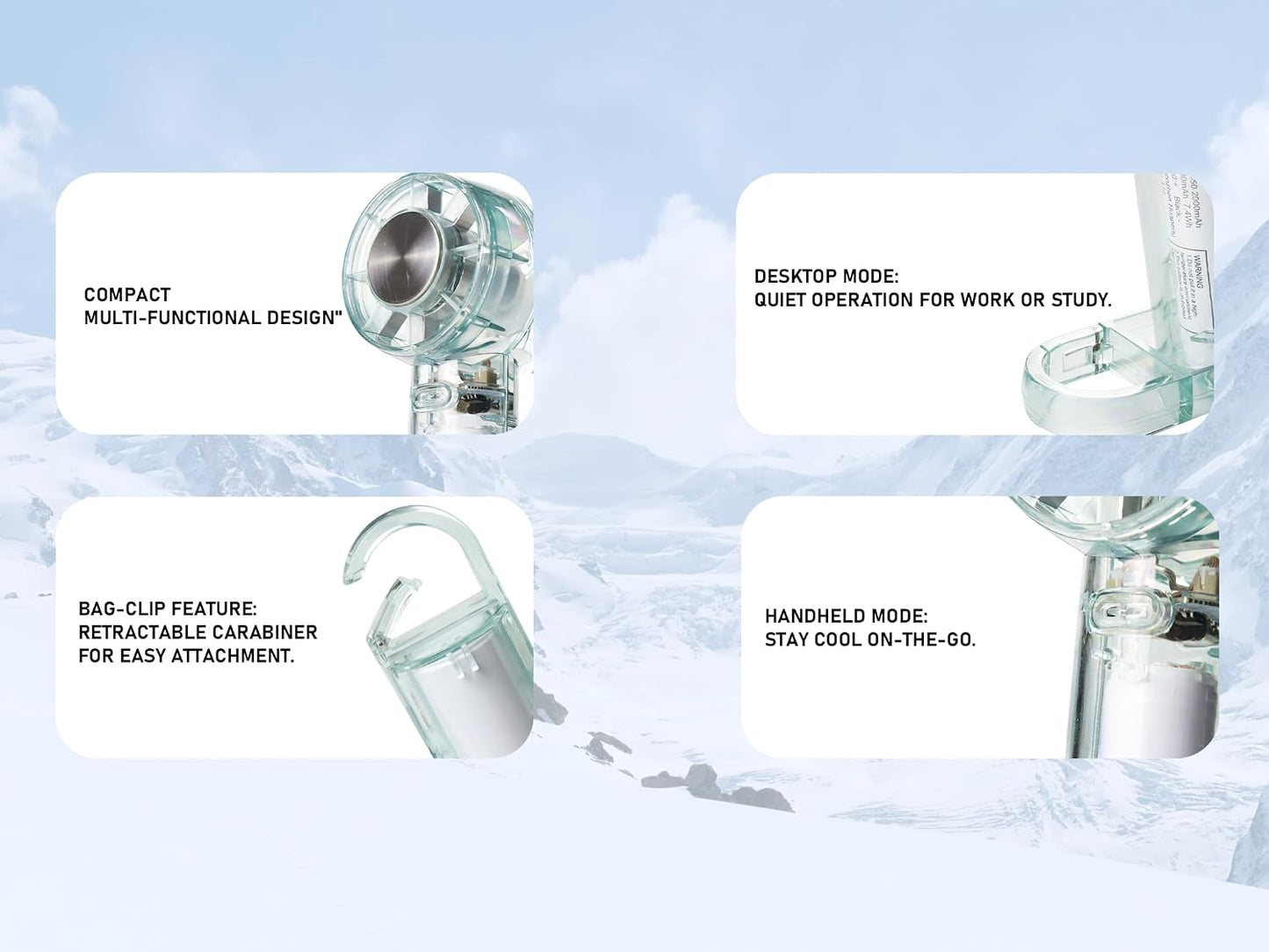 Portable Fan with Ice Cooling -Mini Handheld USB Rechargeable 3-Speed Fan Transparent Lightweight Personal Fan for Travel Desk Home and Office for Women and Men BST202