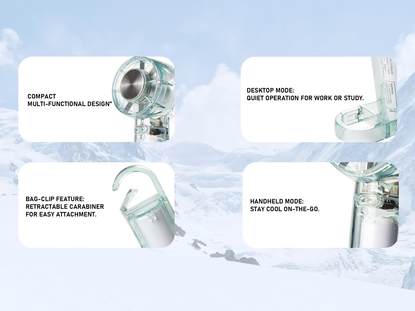 Portable Fan with Ice Cooling -Mini Handheld USB Rechargeable 3-Speed Fan Transparent Lightweight Personal Fan for Travel Desk Home and Office for Women and Men BST202