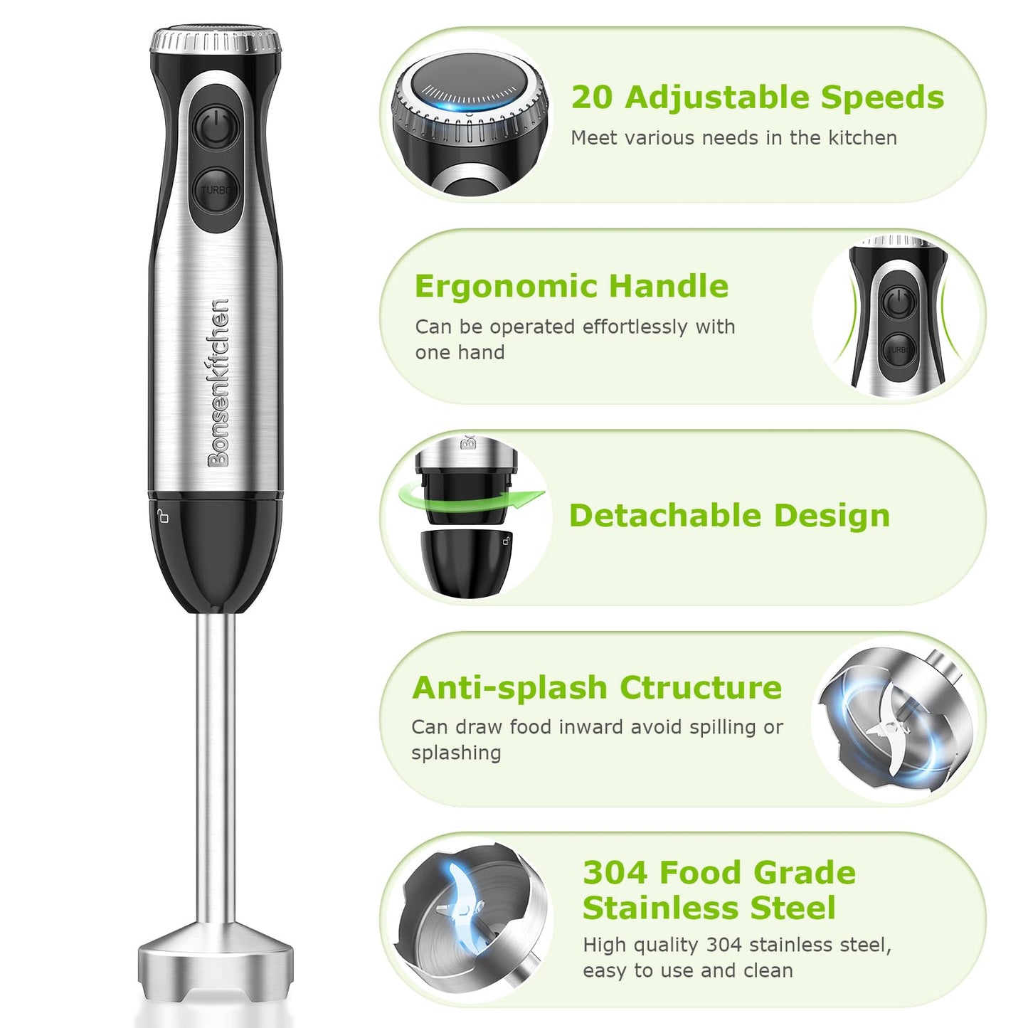 Bonsenkitchen Immersion Blender Handheld with Food Processor RD12