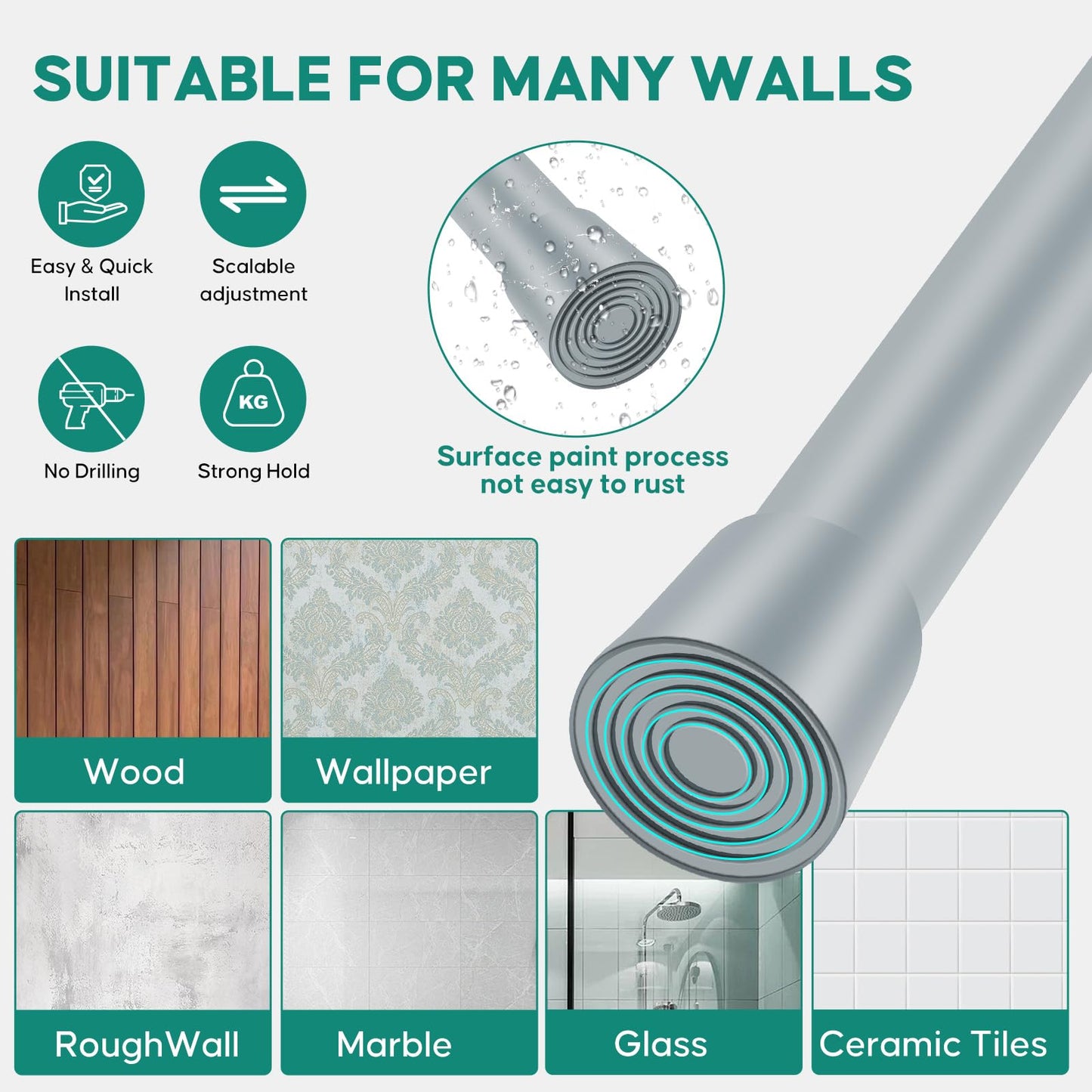 Silver Grey Adjustable Shower Curtain Rod 28-52 Inches 1pc, 7/8" Diameter Anti-slip Heavy Duty Tension Spring Curtain Rod No Drill for Windows Bathroom Kitchen Closet Doorway 22TD28-52SL BST202