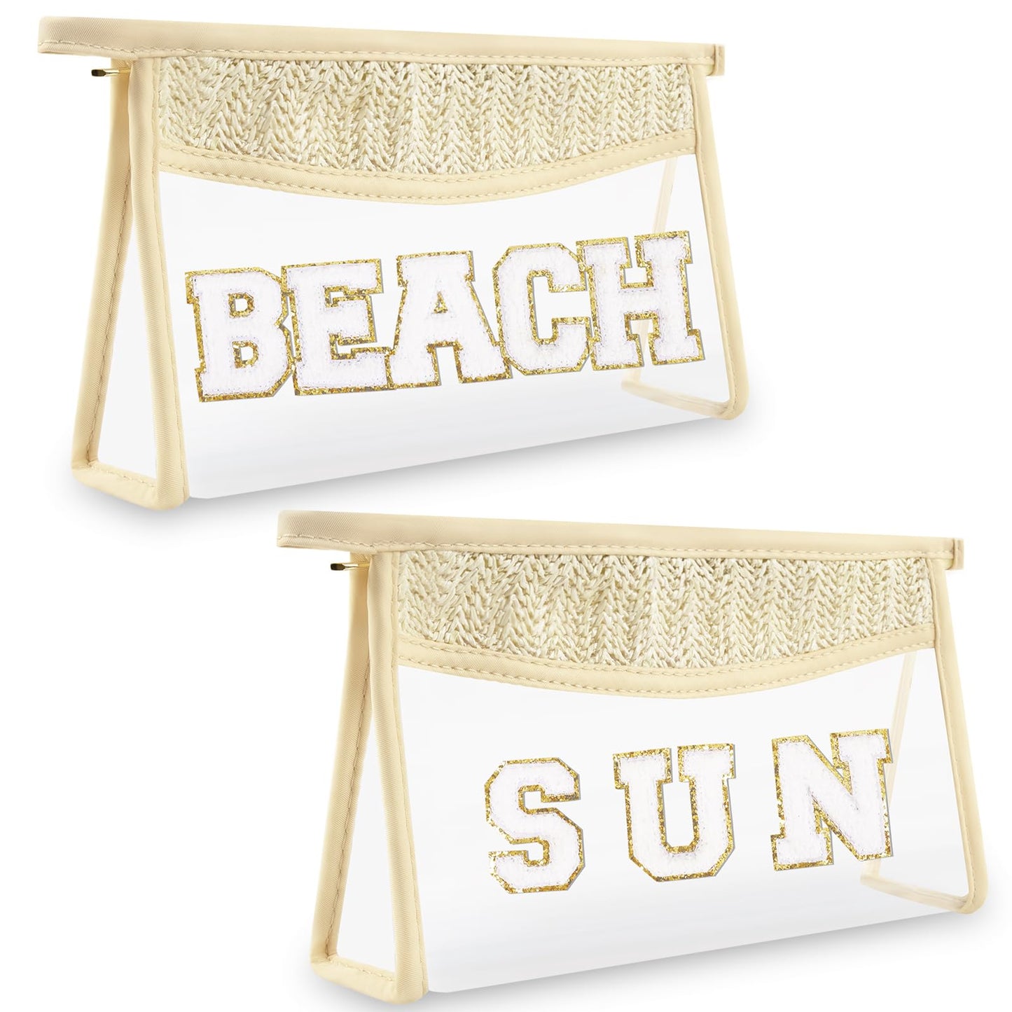 Boho Clear Makeup Bag Cosmetic Zipper Pouch Purse, Clear Toiletry Bags Travel Small Preppy Cute DIY Chenille Letter Bag, Transparent PVC Waterproof Clutch Make Up Organizer Storage Bag for Women Girls BST220