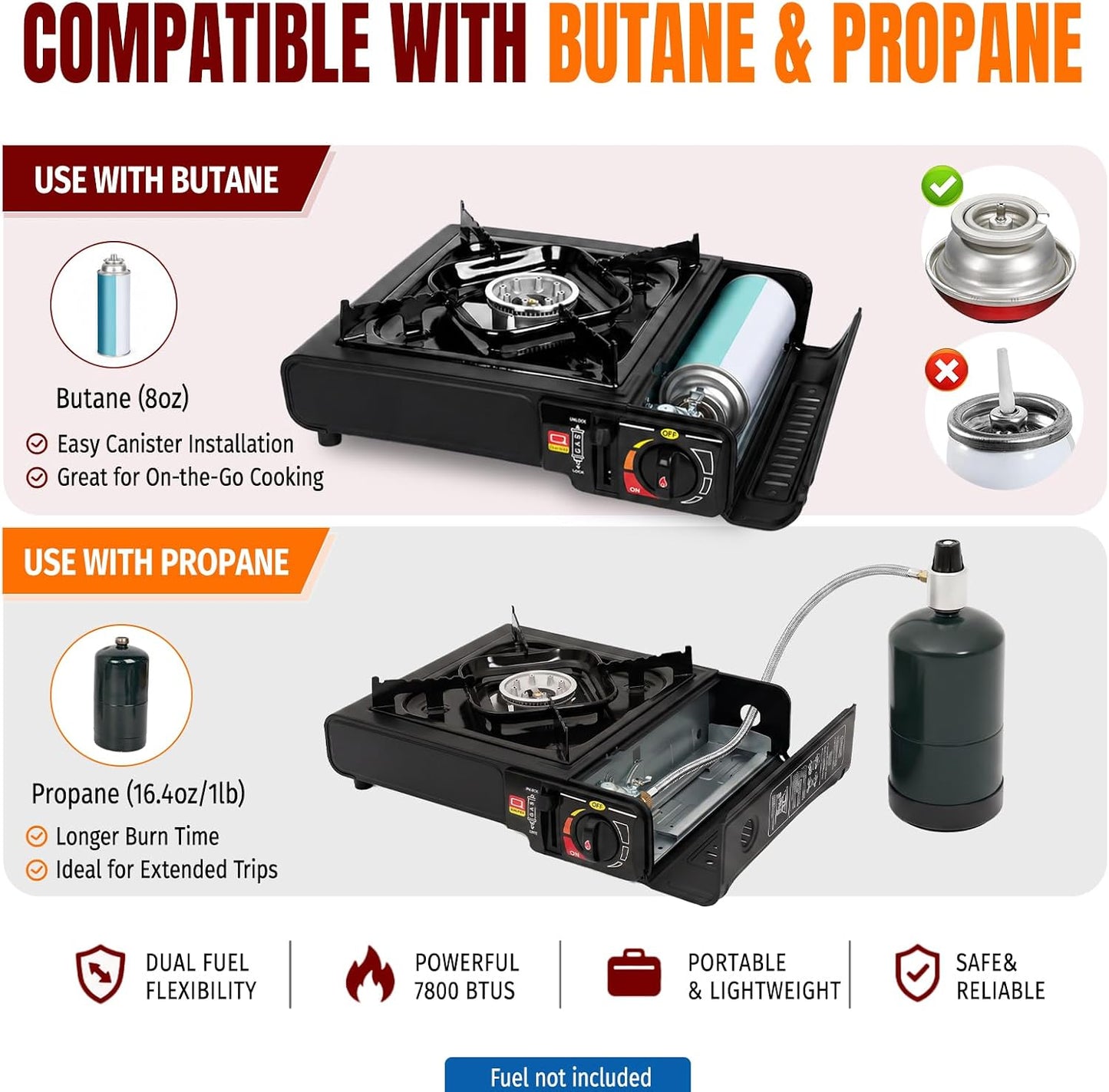 SHINESTAR 7800 BTU Dual Fuel Camping Stove, Propane Portable Gas Stove | Propane or Butane Camp Stove with Adjustable Heat Dial, Carry Case & Propane Adapter Hose,for Outdoor Cooking and Emergencies BST326H
