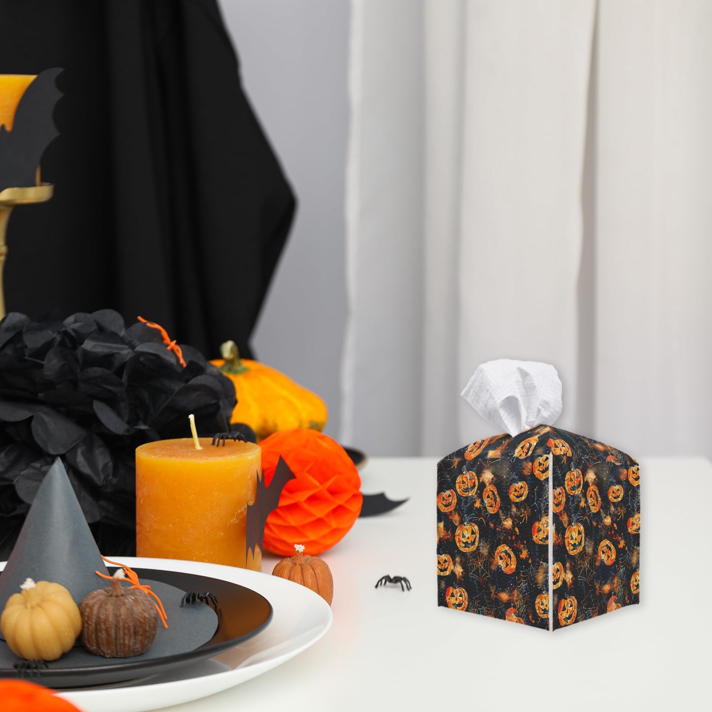 Spooky Tissue Box Cover Square - Ghosts & Bats Tissue Box Holder - Halloween Pumpkin Facial Paper Organizer Dispenser for Home Car Bathroom Office Bedroom Desk Tabletop Supplies & Decor - A11 BST220