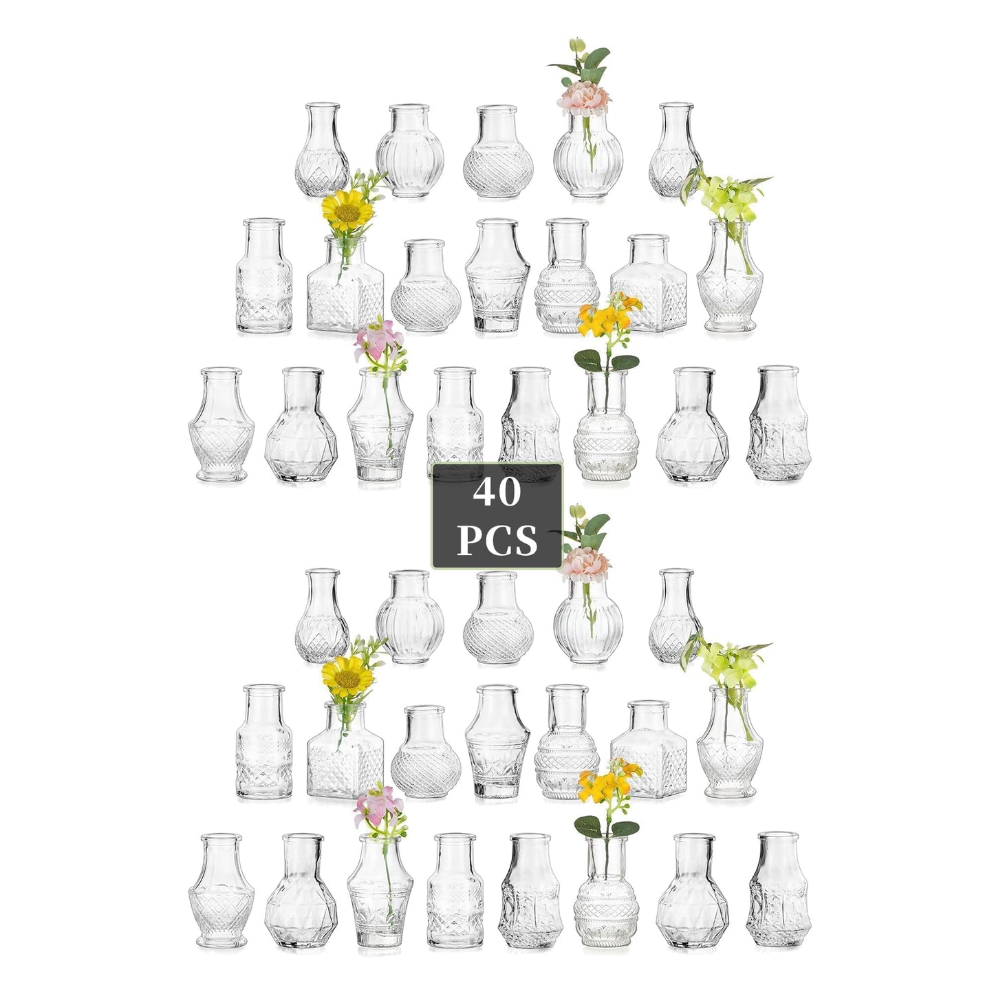 Glasseam Mini Bud Vases for Centerpieces: 20Pcs Clear Glass Vases in Bulk | For Single Flowers, Small Stems, Tiny 2.7", Embossed Thick Glass, Wedding, Party, Baby Shower, Dining Room Table Decoration BST326H