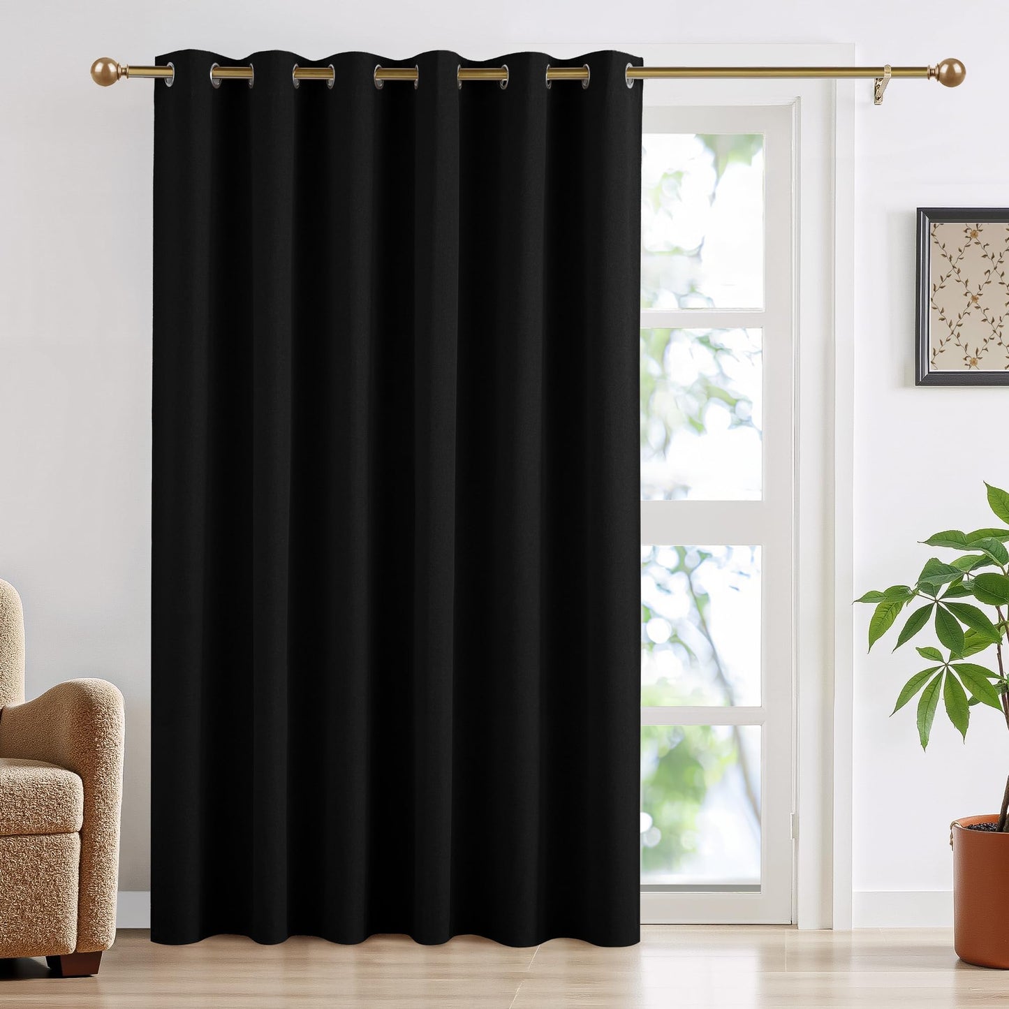 RYB HOME 100% Blackout Curtain for Sliding Glass Doors, Extra Wide Thermal Insulated Privacy Linen Curtains for Bedroom/Patio Door/Living Room/Open Closet, Room Divider, Black, W100xL108, 1 Panel BST220