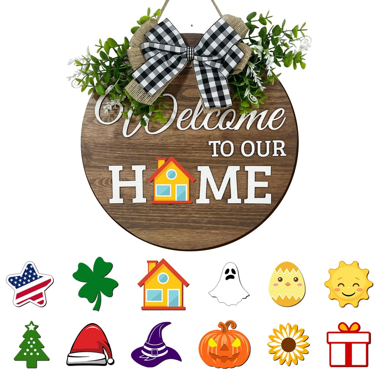 Interchangeable Seasonal Welcome Sign Front Door Decoration,Rustic Round Wood Wreaths Wall Hanging Outdoor Decor for Spring Summer Autumn and Winter All Seasons Holiday Halloween Christmas(Elf) BST326H