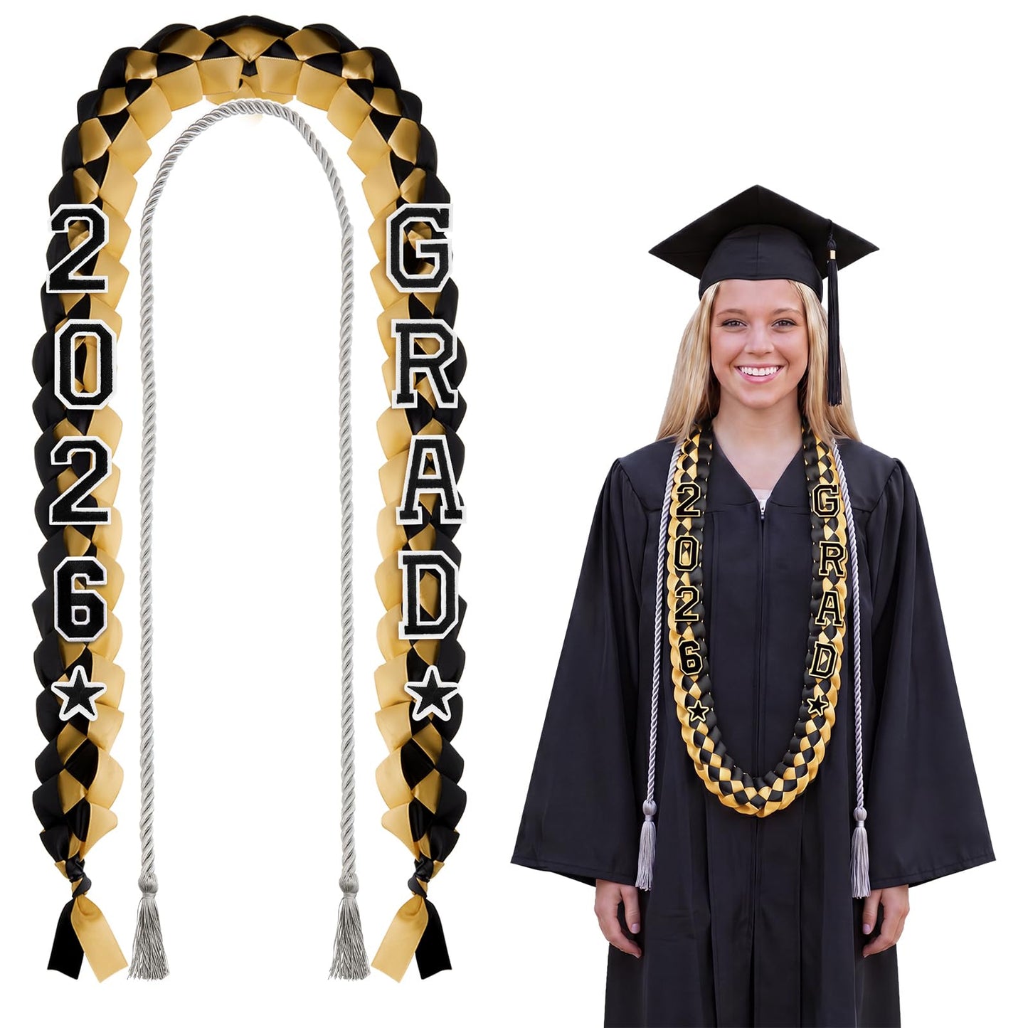 Cindeer 2026 Graduation Ribbon Lei Set Handmade Braided Necklace Honor Cord with Tassel 2026 Grad Embroidery Patches for High School College Graduation Party Supplies(Black, Red) BST220