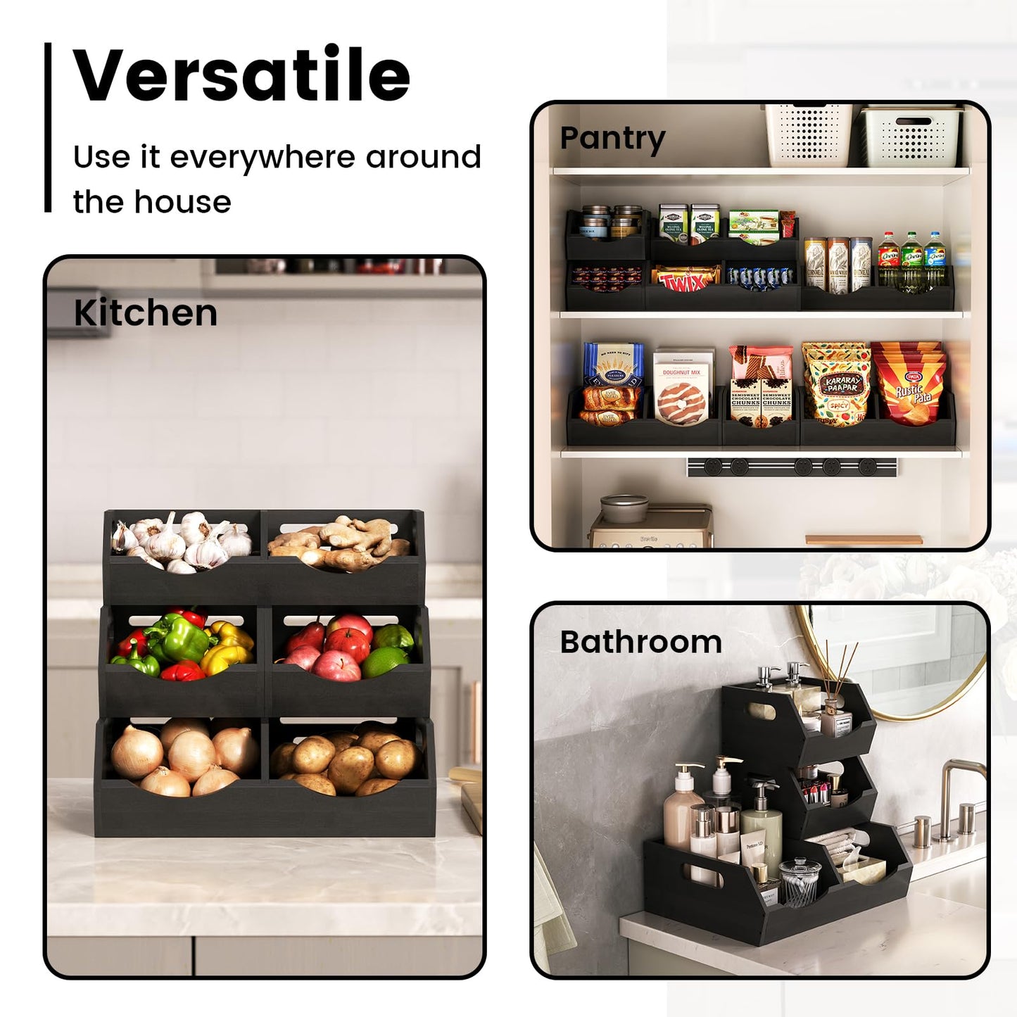 Onion Storage Bins Potato, 3 Tier Bamboo Pantry Storage Bin Stackable Ventilated Kitchen Organizer N3233