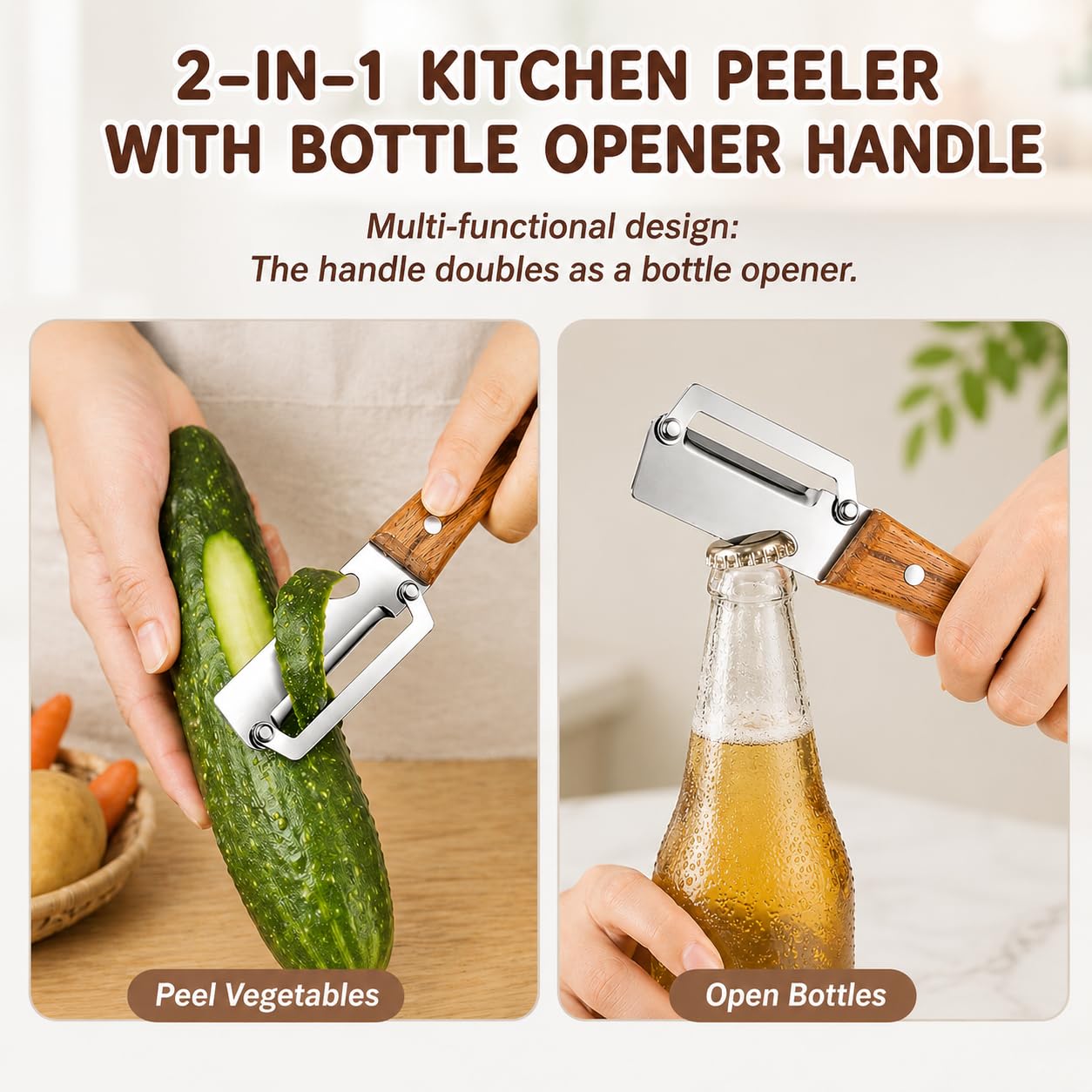 Left & Right Hand Vegetable Peeler Set with Bottle Opener, Thickened Stainless Steel Wide Blade for Smooth Peeling, Wooden Handle Kitchen Peeler for Fruits & Vegetables BST326L