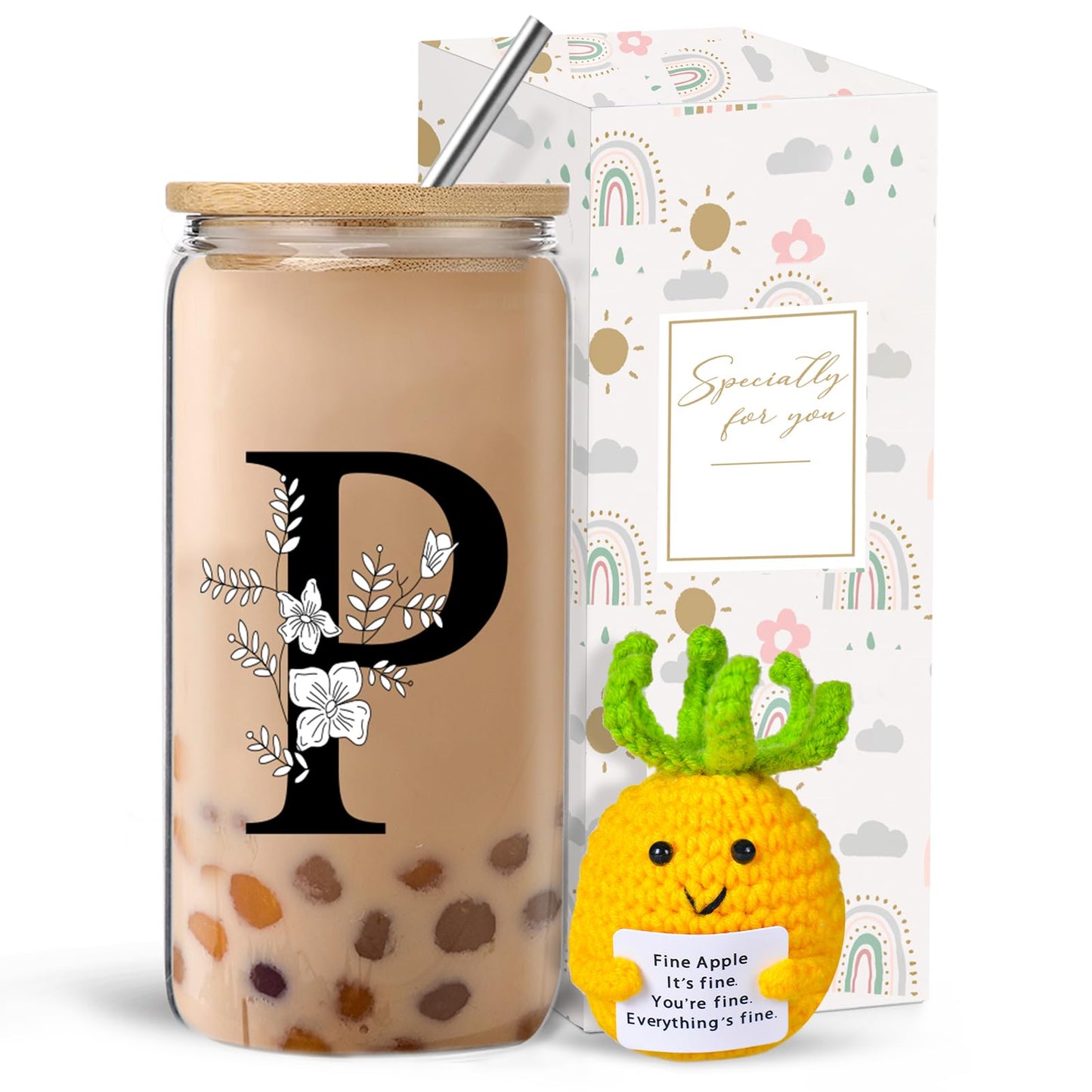Monogrammed Initial Glass Cup with Lids and Straws gift for Women | Personalized Gift Set with Doll, 16 Oz Ice Coffee Cup ,reusable glass tumbler,Birthday Christmas Gift for Her,U WN420