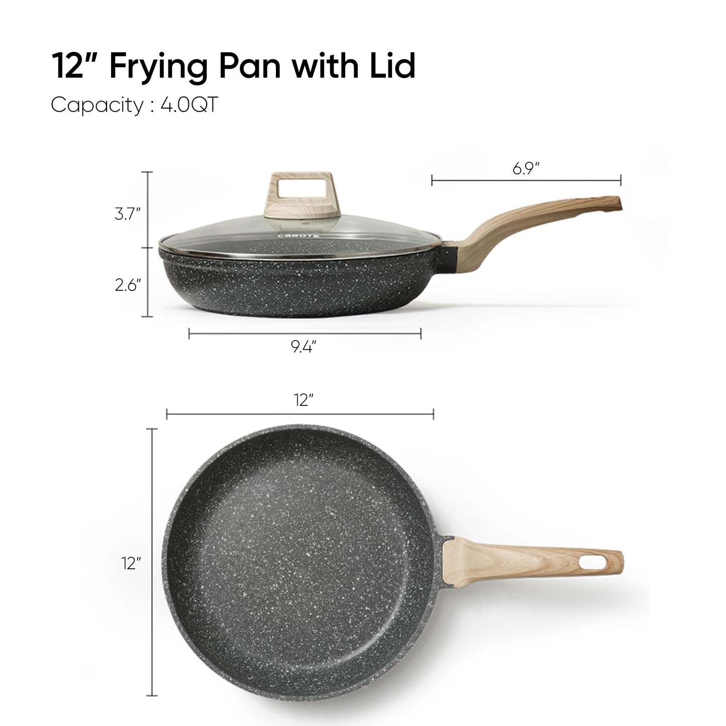 CAROTE Non Stick Frying Pan, 12 Inch Cream White Skillet with Glass Lid | Non Toxic Kitchen Healthy Cookware, Compatible with All Stovetop, Easy to Clean, PFOA Free BST202