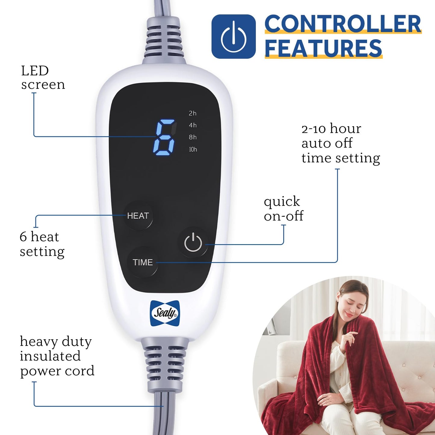 Sealy Heated Electric Blanket Queen Size, Flannel Electric Blanket with 10 Heating Levels & 1-12 Hours Auto Shut Off, Fast Heating Warming Blanket, Machine Washable, Grey, 84 x 90 Inch