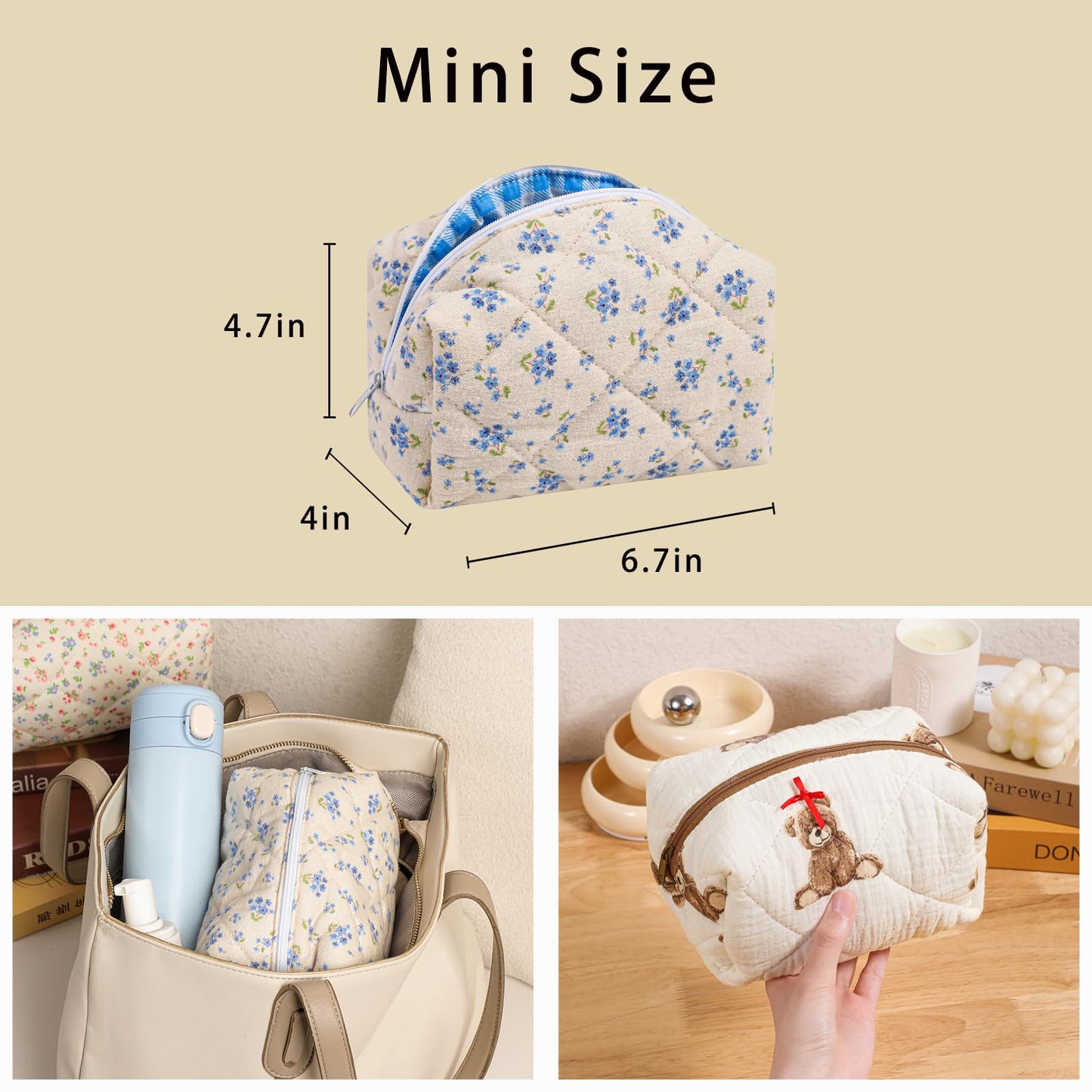 Cute Small Floral Cotton Makeup Bag, Quilted Zipper Pouch with Coquette Bear for Women and Girls, Kawaii Travel Cosmetic Bags for Purse(07Yellow and Pink Flower) BST220