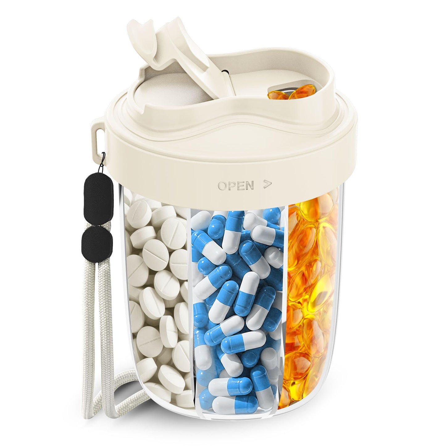 Pill Dispenser with 7 Large Compartments - Portable Pill Organizer for Travel, Anti-Mix Design & Wide Opening Design, Easy Access to Vitamin Dispenser, Includes 20 Blank Stickers (White) WN420