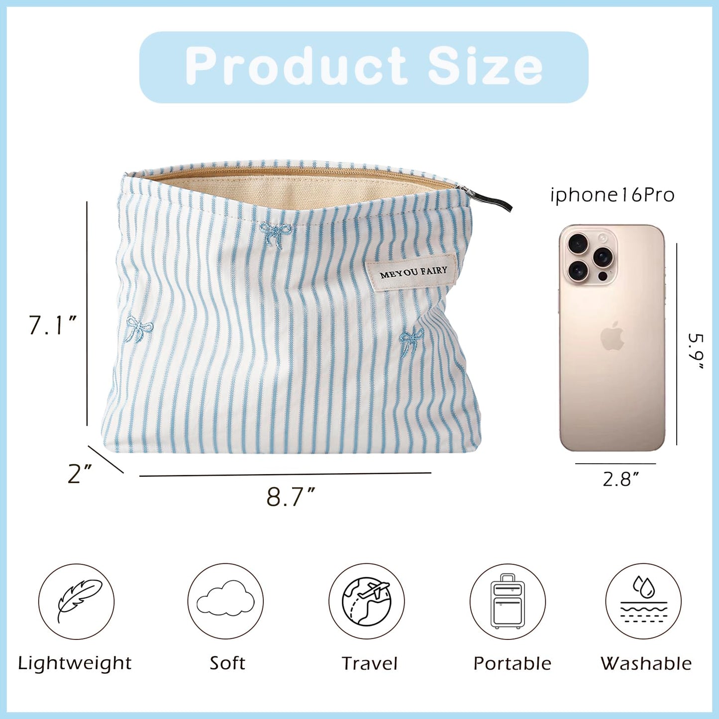 RSRSLEII Striped Makeup Bag for Women, White Cosmetic Bag with Bow, Travel Toiletry Cosmetic Bag with Zipper, Cute Women Aesthetic Organizer Storage Pouch, Girls Handbags Purses (06 White Stripe Bow) BST220