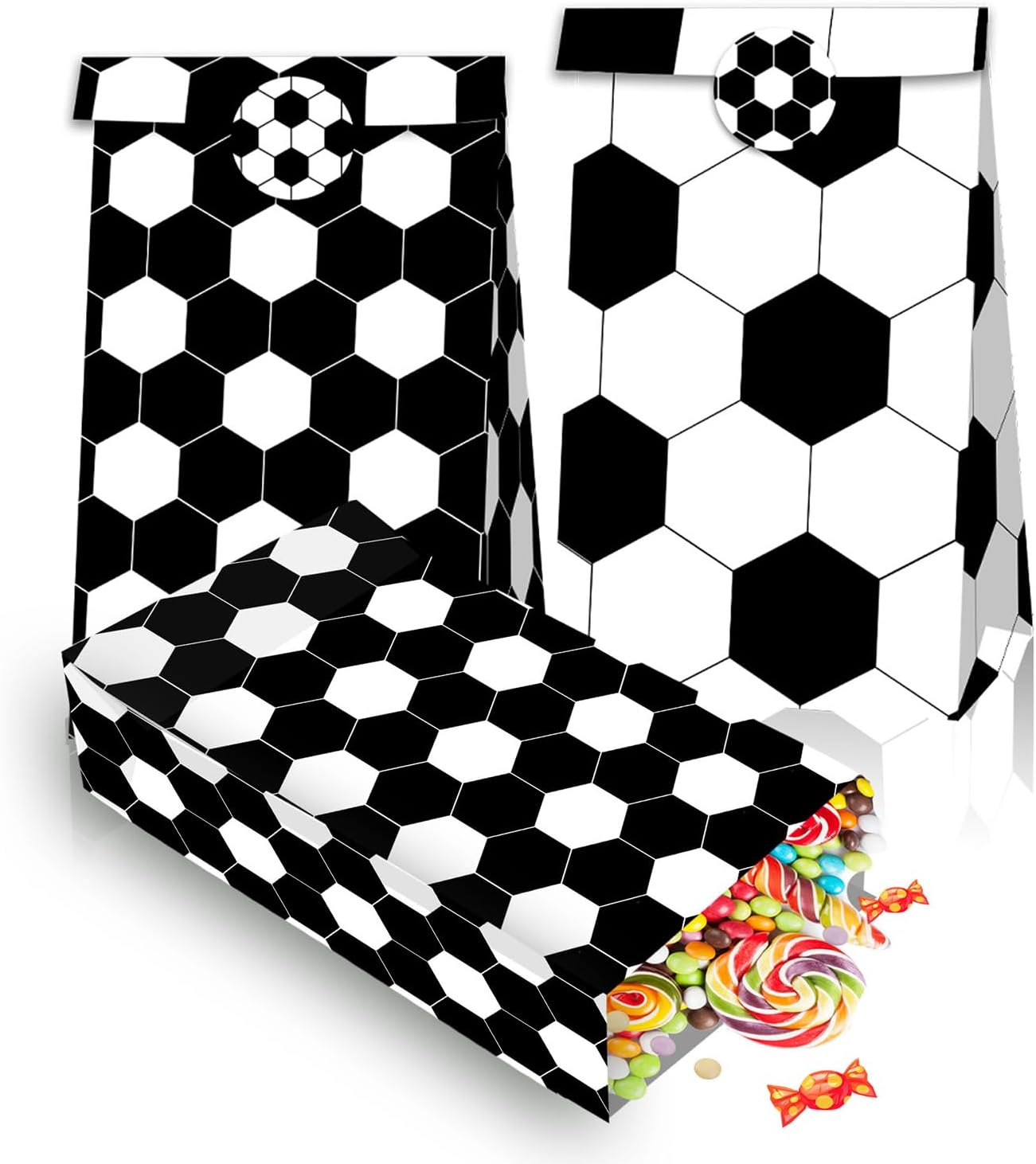 Qpout Soccer Goodie Bags Party Pack - 12 Snack Bags With Sealing Stickers for Kids Teams & Birthdays - Black & White BST326L