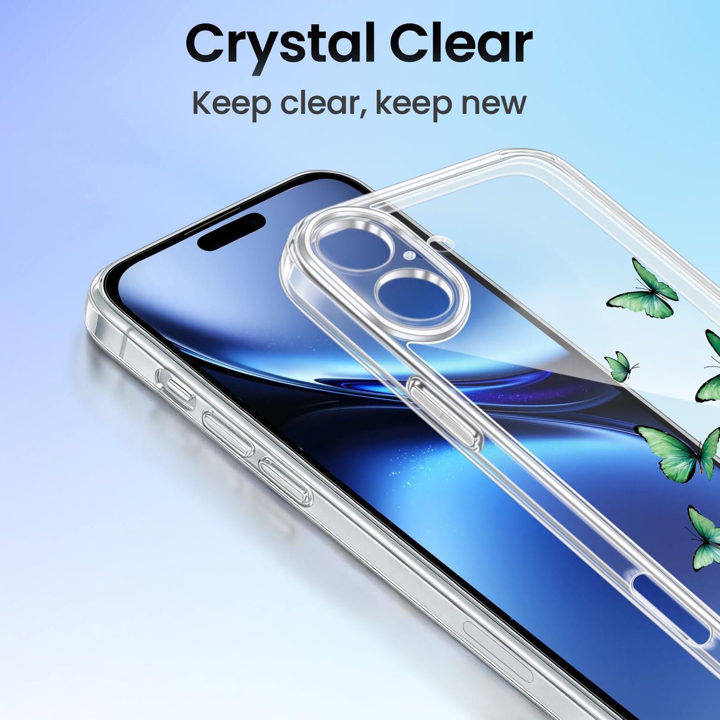 Cute Girly Crystal Clear Case Compatible with iPhone 16 Pro, Camera Control & Shockproof Protection Floral Case for Women, Blue Butterflies WN420