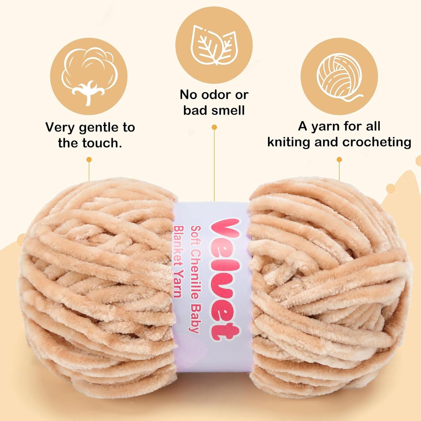 Soft Velvet Chenille Yarn for Crocheting & Knitting - Bulky Yarn for DIY Weaving Crafts Beige (3.5oz 66yds/Skein) BST326H