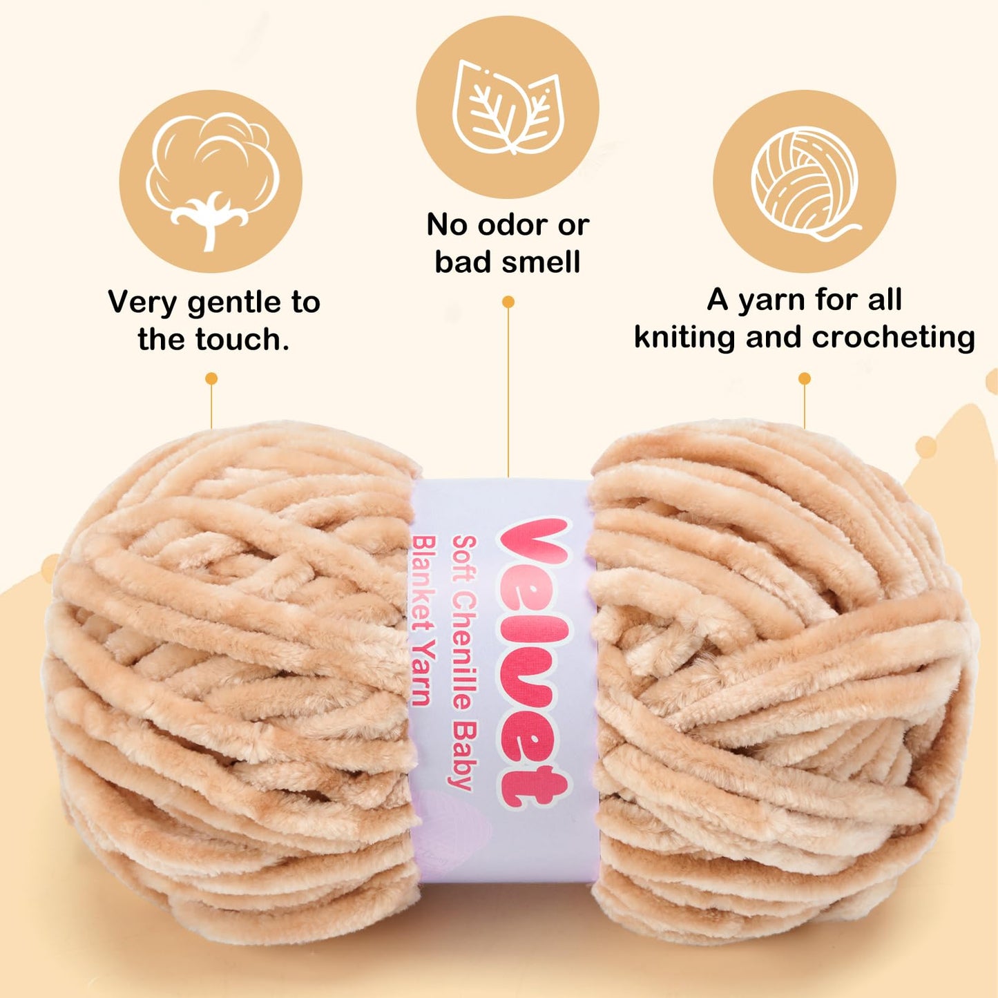 Soft Velvet Chenille Yarn for Crocheting & Knitting - Bulky Yarn for DIY Weaving Crafts Beige (3.5oz 66yds/Skein) BST326H