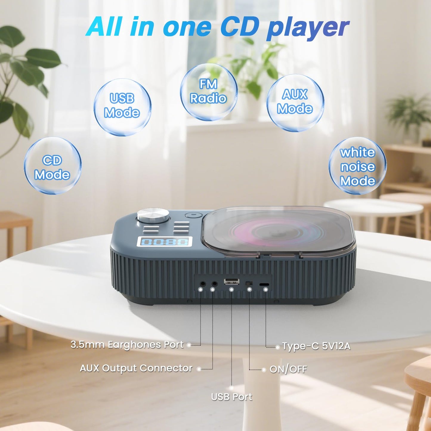 CD Player Portable,MONODEAL White Noise Portable CD Player with Bluetooth/Dual Stereo Speakers,Support FM Radio/USB/AUX,Remote Control,4000mAh Rechargeable CD Players for Car/Home Navy Blue