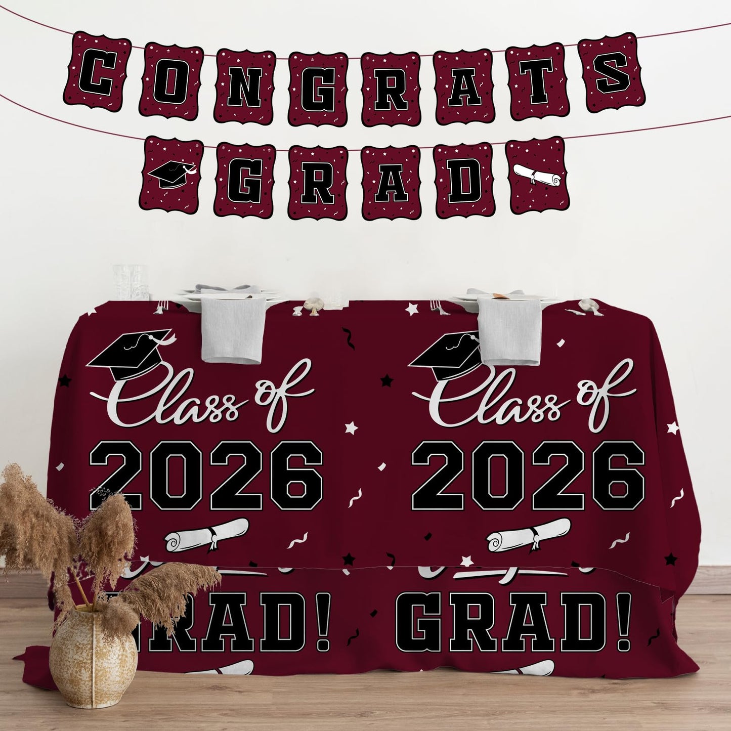 Gatherfun 2026 Graduation Decorations : 2-Pack Congrats Grad Disposable Tablecovers - Class of 2026 Red Themed Table Cloths, for Graduation Party Supplies & Graduation Backdrop, 54" X 108" BST326L