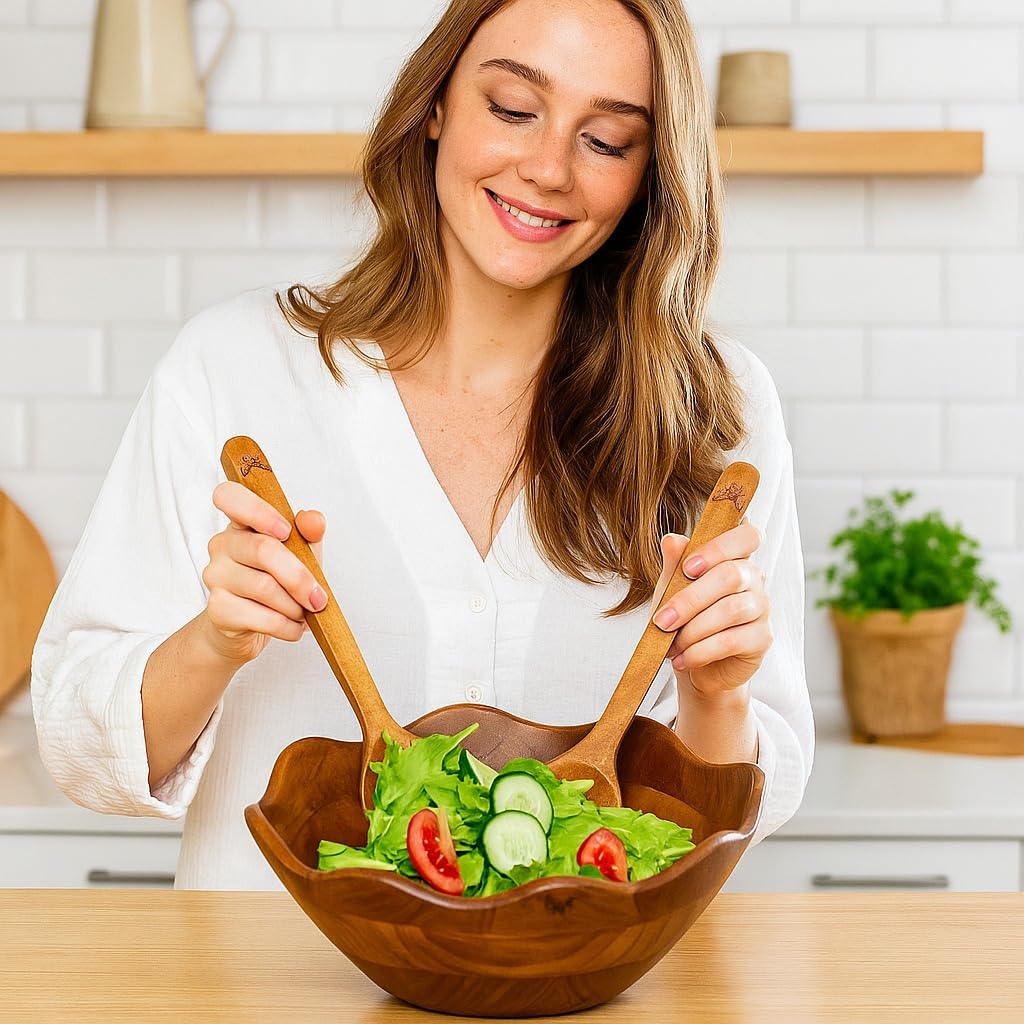 Melvvi Large Wooden Salad Bowl Set with 2 Serving Utensils | 12" Acacia Wood Bowls for Food | Great Mothers Day gift (Natural Set of 3) BST220
