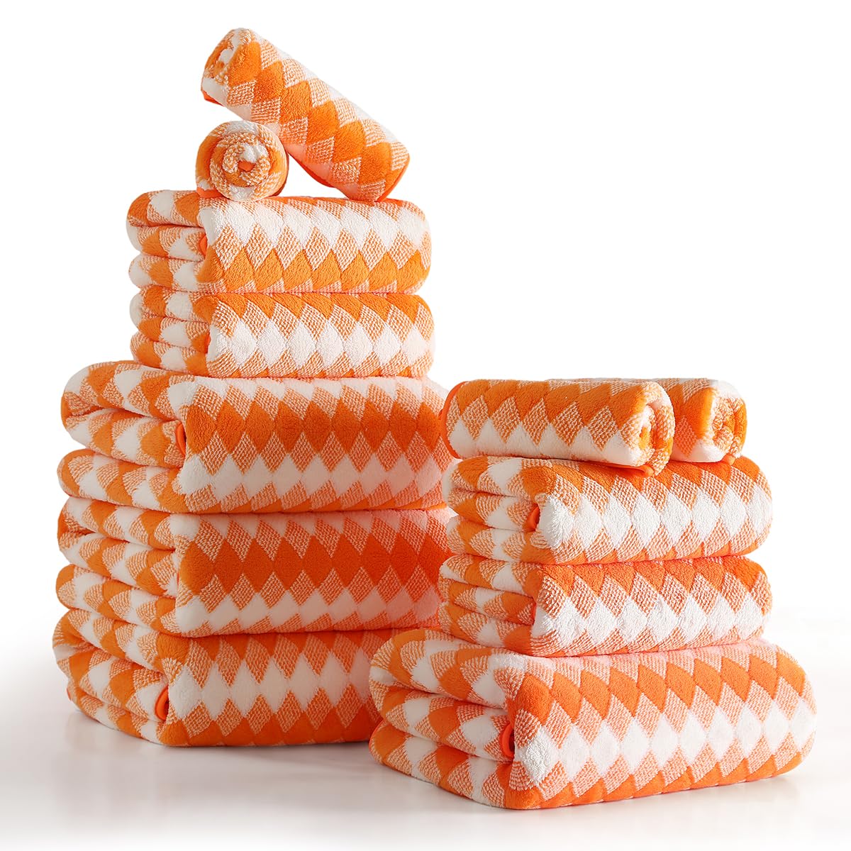 12 Pcs Light Gray Diamond Towel Set-4 Bath Towels,4 Hand Towels,4 Washcloths Soft Polyester Towels with Loop Absorbent Shower Towel Quick Dry Beach Chair Towel Family Towels for Bathroom Spa Gym Pool BST220