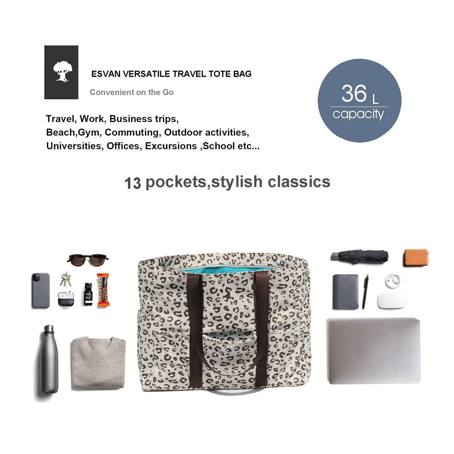 ESVAN Utility Tote Bag Weekender Duffle Bag with 13 Pockets - Perfect for Travel, Work, Gym, Beach, Teachers, and Nurses BST326H