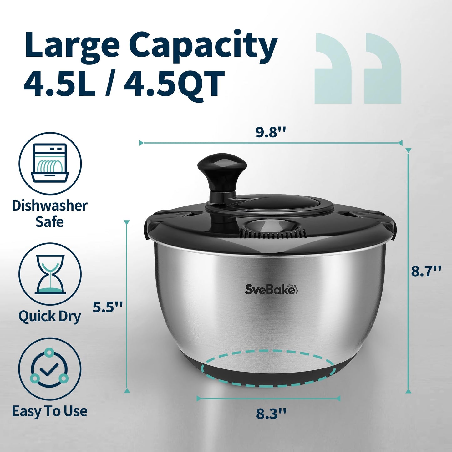 Stainless Steel Salad Spinner, 4.8 Qt Vegetable Washer, BPA-Free Lettuce Dryer with Crank Design, Easy Clean, Non-Slip Base - Transparent Lid BST220