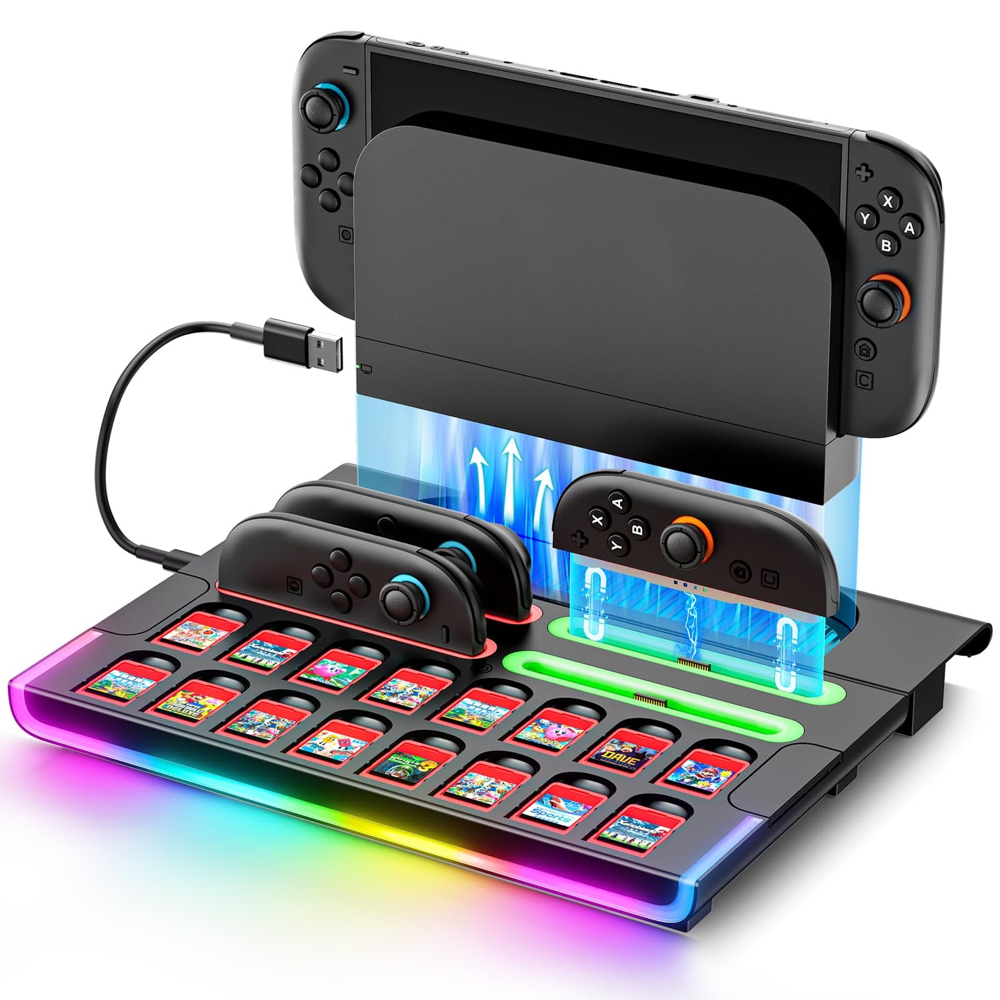 Switch 2 Dock Organizer Station with Joycon2 Charger, 4 Charging Dock for Switch2 Joycons, Storage for 16 Switch2 Games & 16 Game Cases, Pro Controllers & Switch 2 Console Dock Organizer Accessories WN420