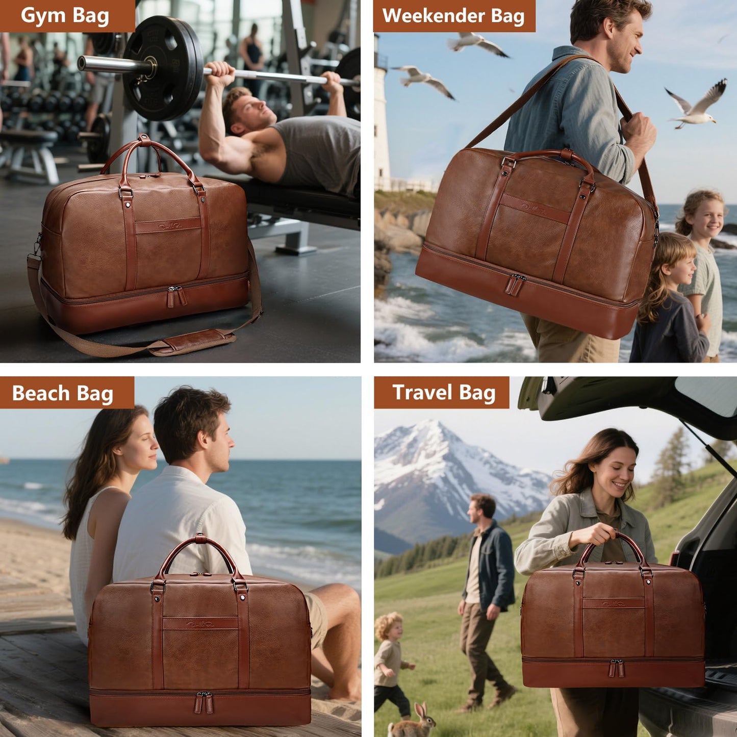 Large 4-in-1 Leather Duffle Bag for Travel Weekender Overnight Hospital Gym Bag for Men & Women, Carry On Airline Approved Personal Item Duffel Garment Bag Luggage with Shoe Compartment & Toiletry Bag BST326H