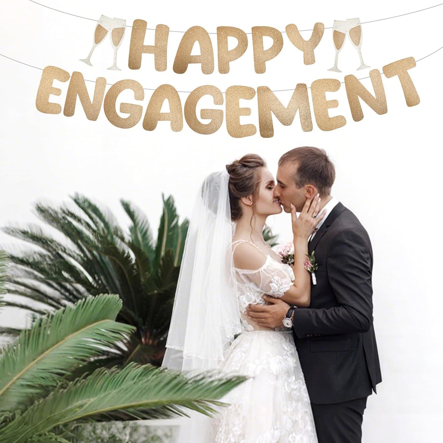 Happy Engagement Banner, Pre-Strung Glitter Engagement Party Decorations Congratulations Engaged Banner Wedding Bachelorette Party Supplies (Champagne Gold) BST202