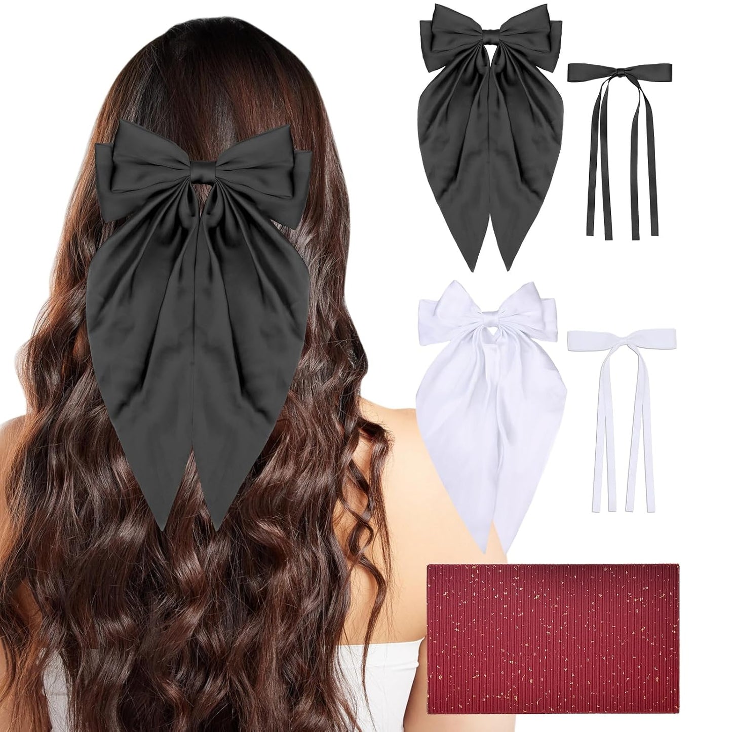 Yoseng Hair Bows Set: 4pcs Ribbon Hair Clips with Bowknots and Long Tails, 2 Sizes, for Women and Girls (Black, White) WN420