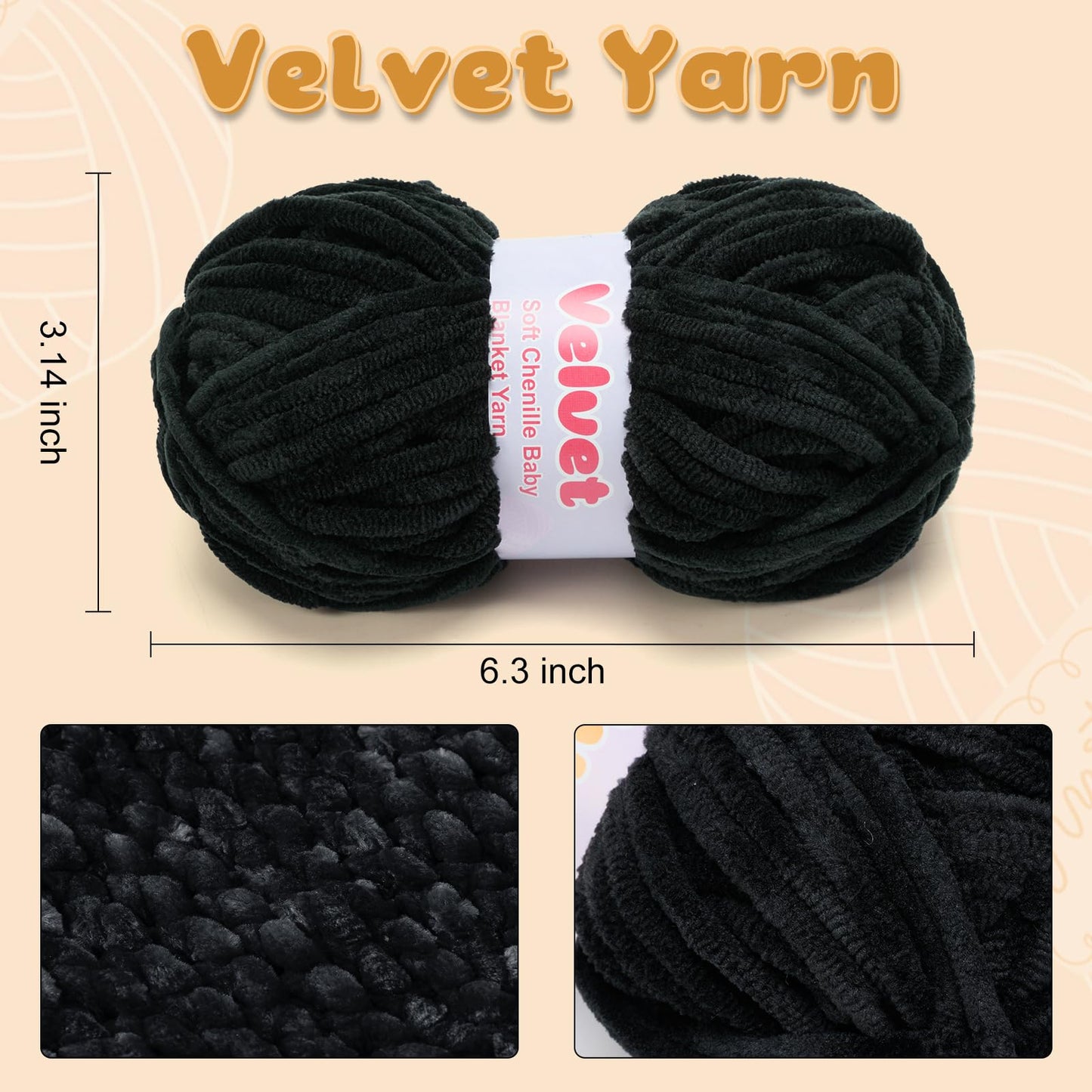 Soft Velvet Chenille Yarn for Crocheting & Knitting - Bulky Yarn for DIY Weaving Crafts Beige (3.5oz 66yds/Skein) BST326H