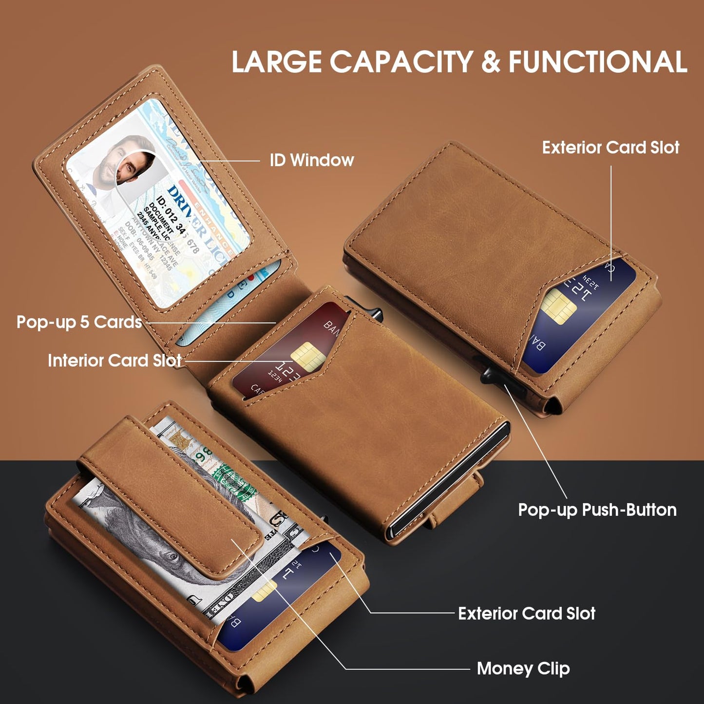 Wallet for Men RFID Blocking Card Holder, Genuine Leather Slim Pop up Card Case, Minimaslit, Front Pocket, 9-13 Card Capacity, ID Window, Money Clip(Carbon) BST220