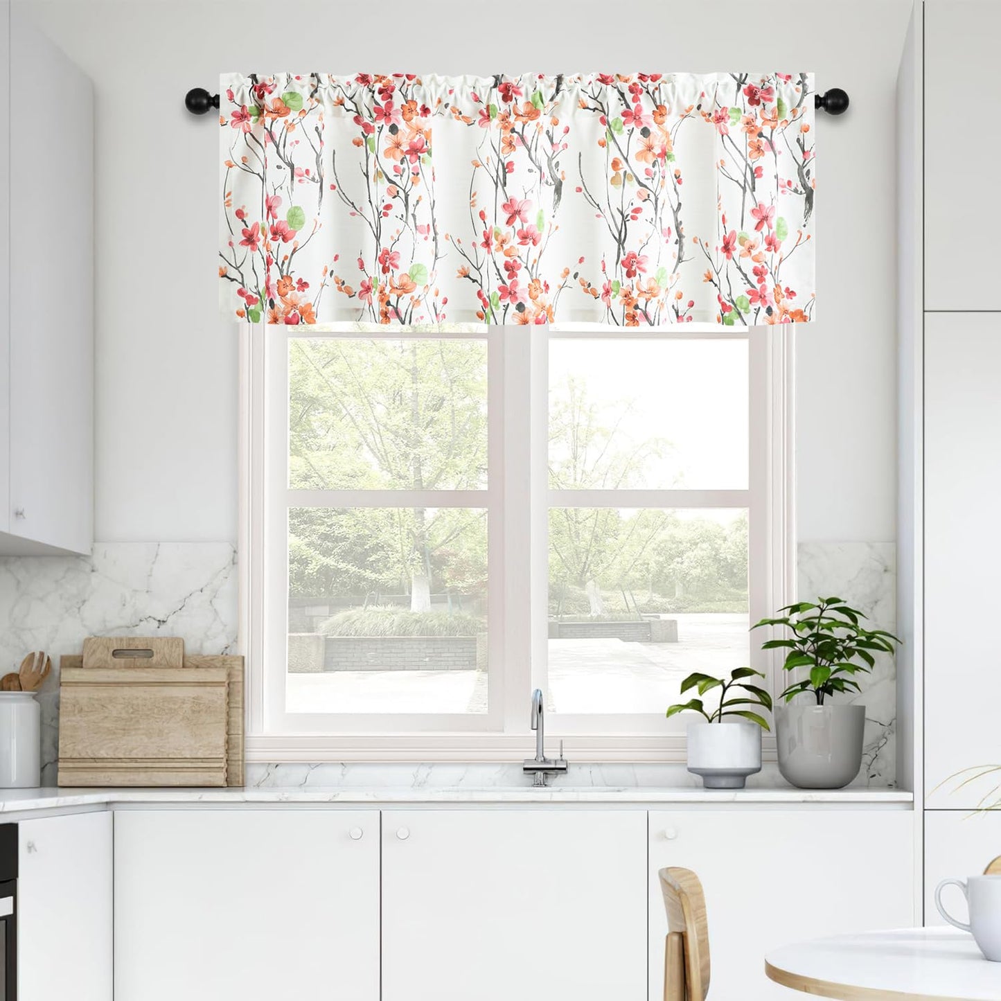 Leeva Farmhouse Kitchen Valances for Windows, Watercolor Blossoming Floral Print Curtains, Soft Faux Linen Curtain Toppers and Valances for Bedroom, 60 x 14 Inch, Brown & Grey, 1 Panel BST220