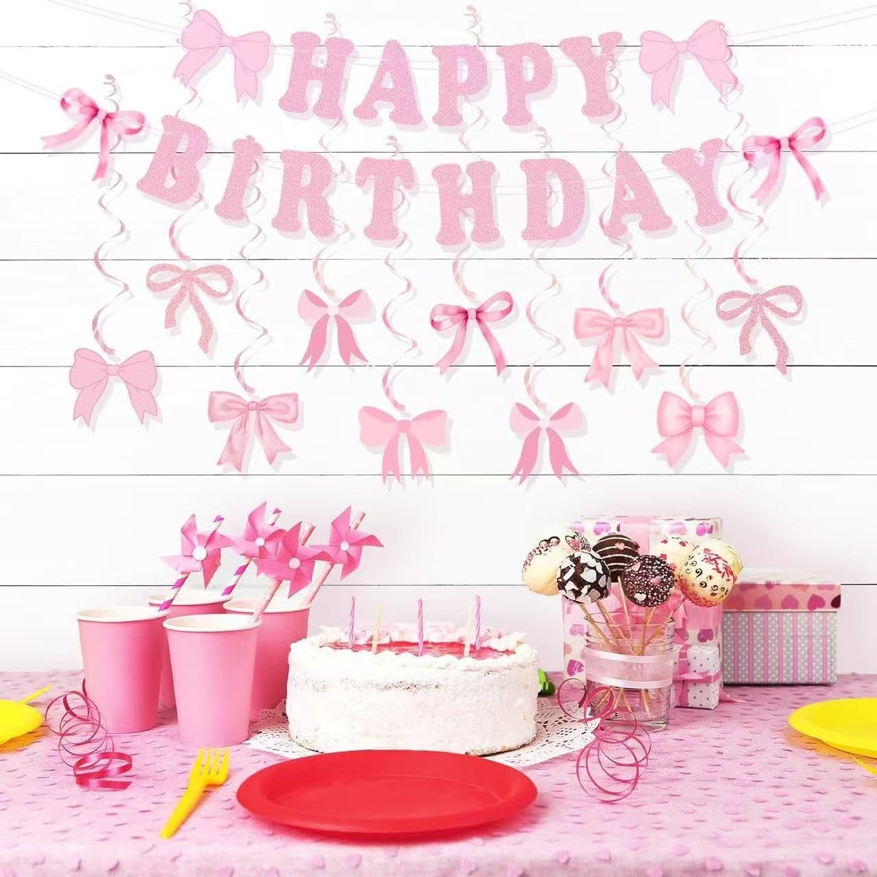 Black Bow Birthday Decorations Set - Coquette Theme Party Supplies with Happy Birthday Banner Garland, Hanging Swirls, Bow Balloons for Women Black Party Decorations Supplies (black) BST326L